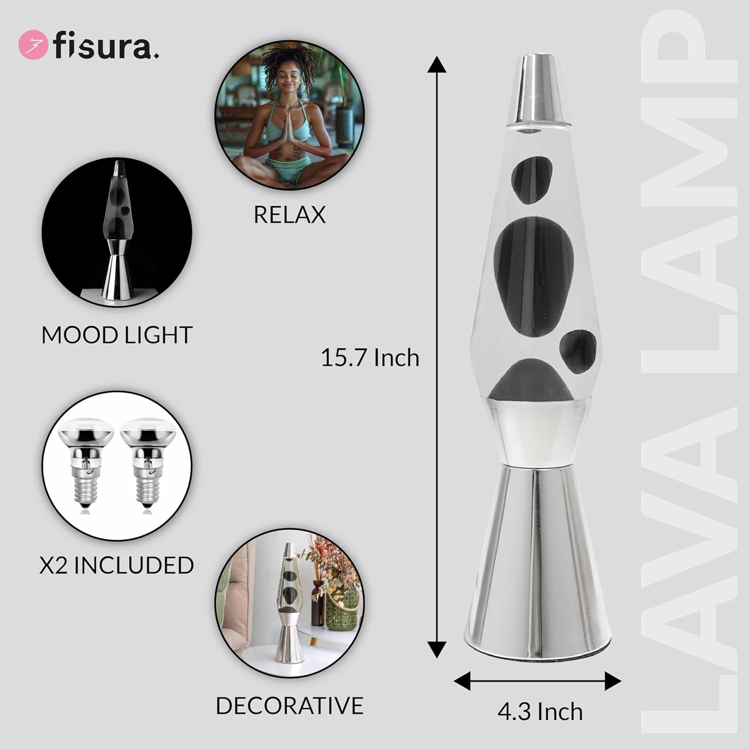 Fisura Lava Lamp Black Chrome Base, Black Lava and Clear Liquid Retro Lava Lamp with Spare Bulb. 11.5Cm X 11.5Cm X 40Cm image number 1