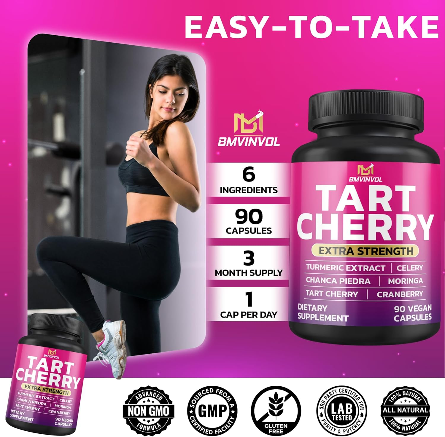 BMVINVOL Tart Cherry 20:1 Extract - plus Moringa, Chanca Piedra, Celery, Cranberry Extract and More - 90 Capsules - 3 Month Supply image number 5