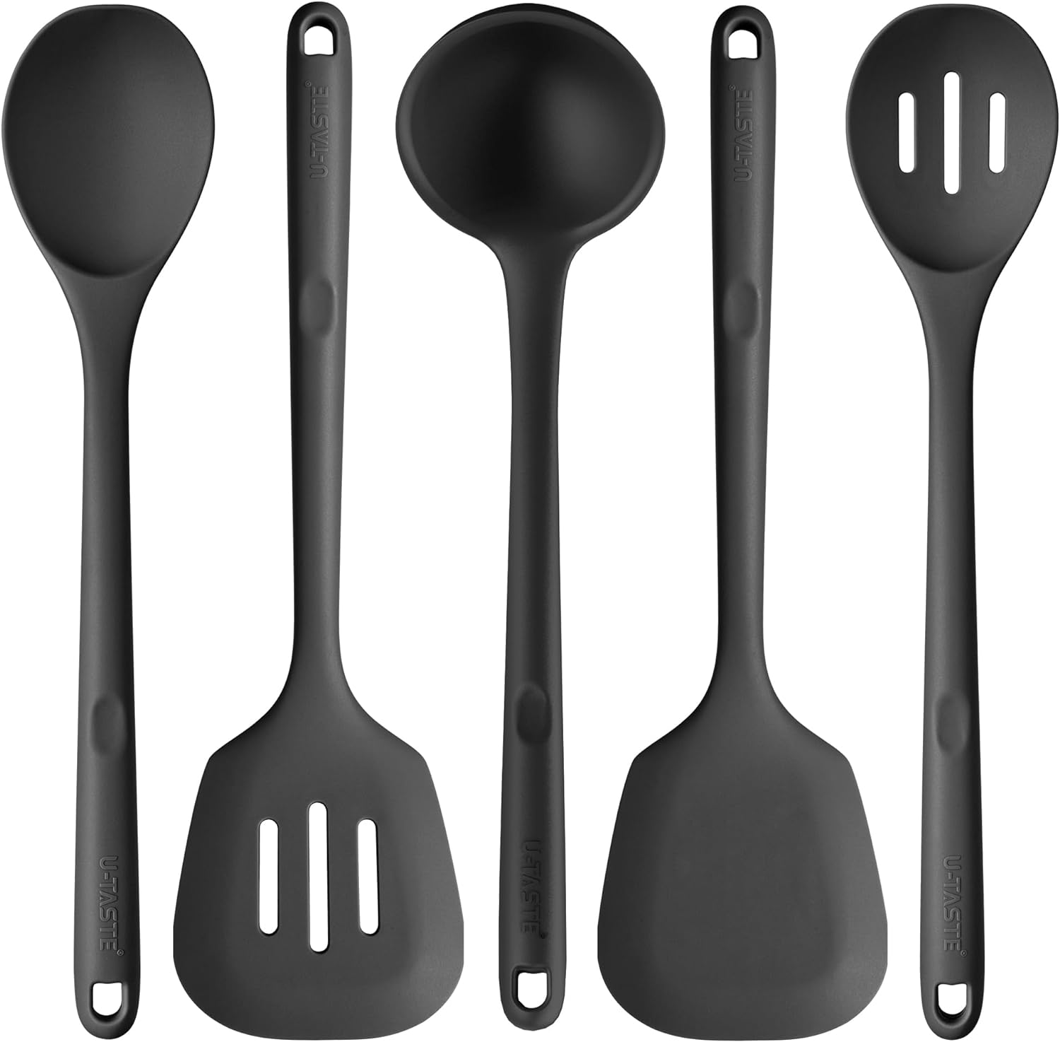 Long Silicone Cooking Utensil Set - U-Taste 315℃ Heat Resistant Kitchen Accessories, Bpa-Free Non-Scratch Solid & Slotted Turner and Spoon, Soup Ladle for Non-Stick Cookware (5 PCS, Aqua Sky)