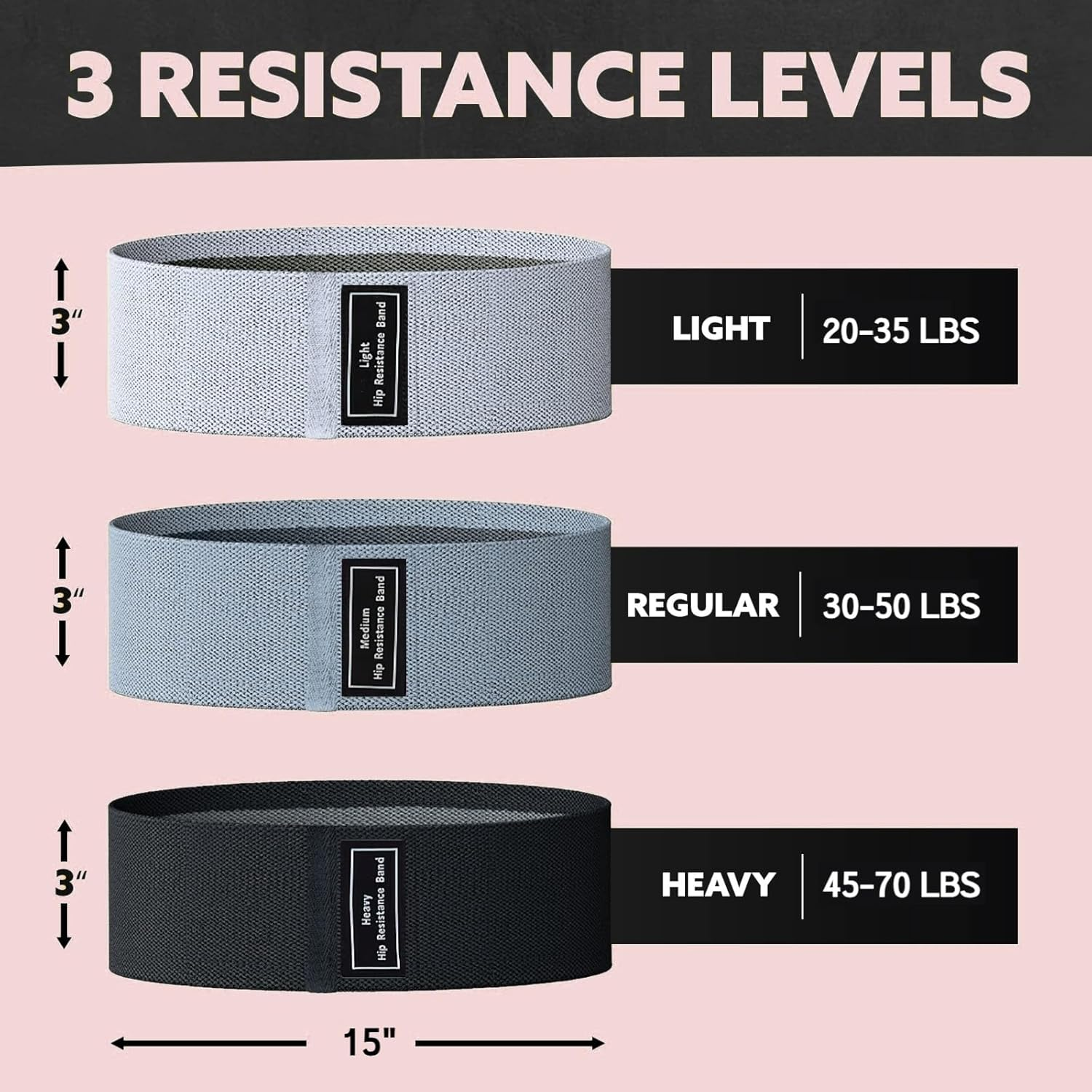 Resistance Bands for Legs and Butt, Fabric Exercise Loop Bands Yoga, Pilates, Rehab, Fitness and Home Workout, Strength Bands for Booty - Light Grey, Grey, Black image number 5