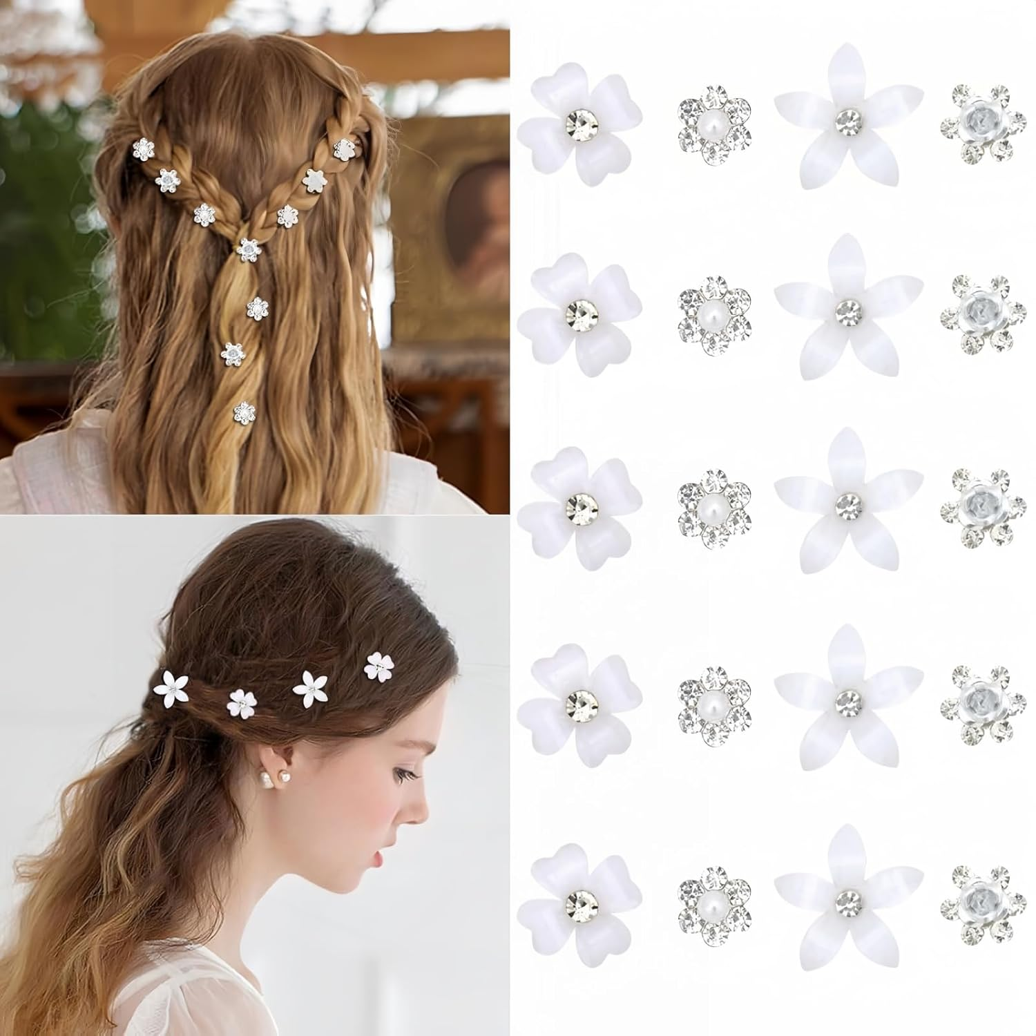 TANSAR Pack of 20 Small Hair Accessories, Flowers, Bridal Hair Accessories, Wedding, White Flowers Hair Clips for Girls and Women image number 3