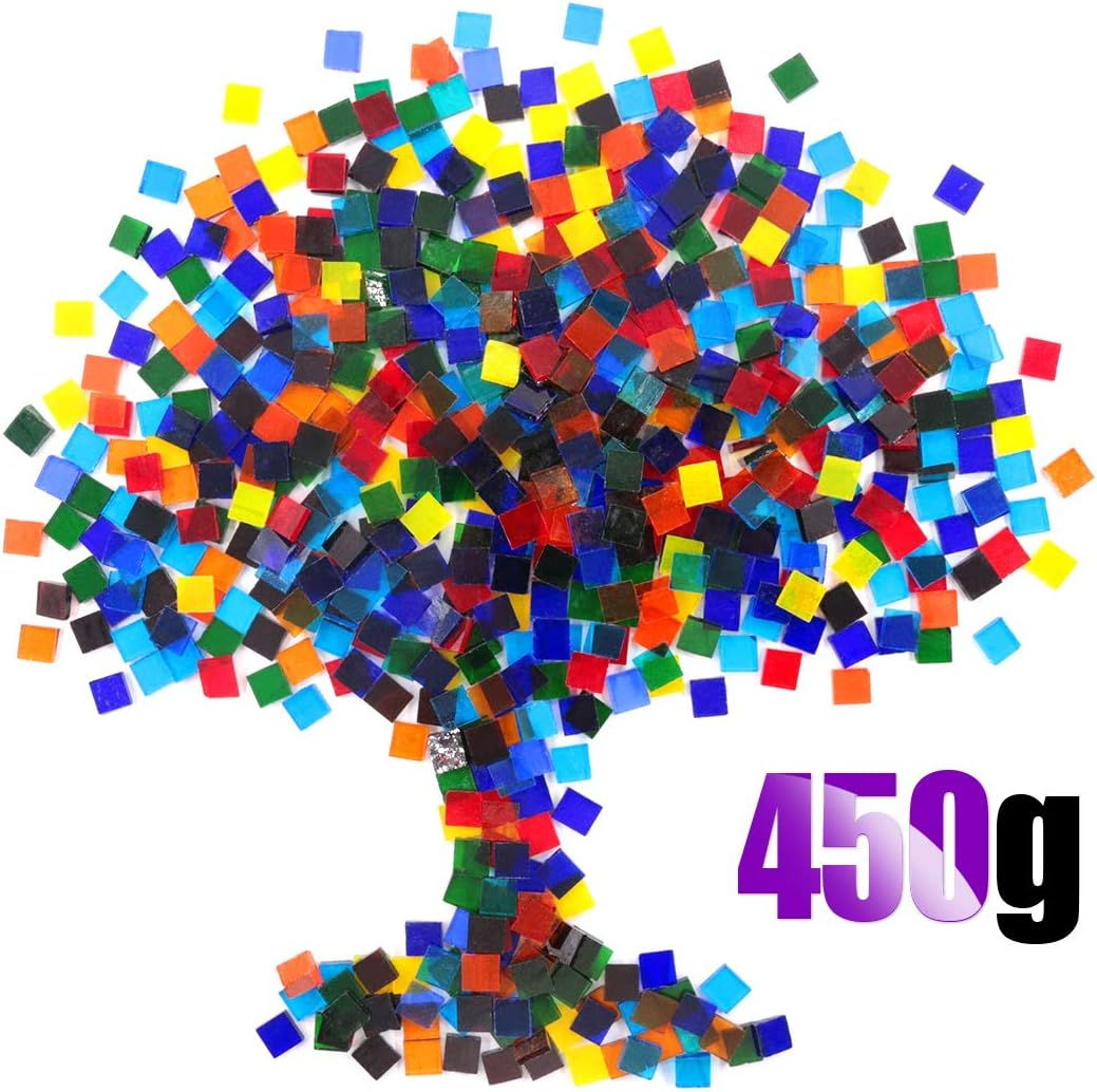 Swpeet 1 Pound Mosaic Tiles Mixed Color Mosaic Glass Pieces with Organizing Container, Genuine Mosaic Tiles Glass Pieces Mosaic Perfect for Home Decoration Crafts Supply (Panchromatic, Square)