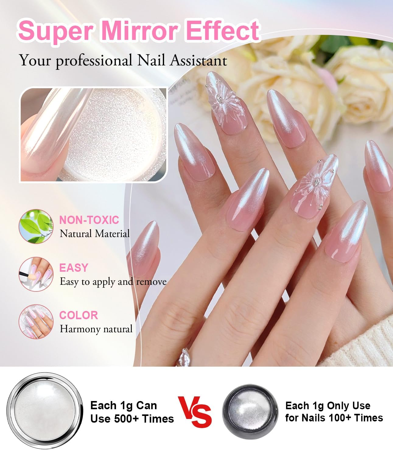 Pearl Chrome Nail Powder - LEDSUUEI Fairy Effect Chrome Nail Powder, White Chrome Powder Aurora Pigment Nail Powder Metallic Mirror Effect Nail Chrome Powder Crome Powder Nails DIY Salon image number 6