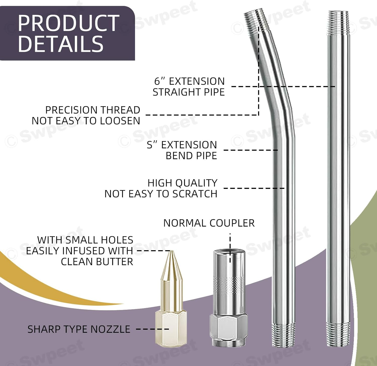 Swpeet 7Pcs 8000 PSI Yellow Heavy Duty Pistol Grip Grease Gun Kit with 14 Oz Load Includes 12" Spring Flex Hose 5" Bend Pipe Straight Pipe 1" Sharp Type Nozzle 2Pcs 1" Normal Coupler for Zerk Fittings image number 1