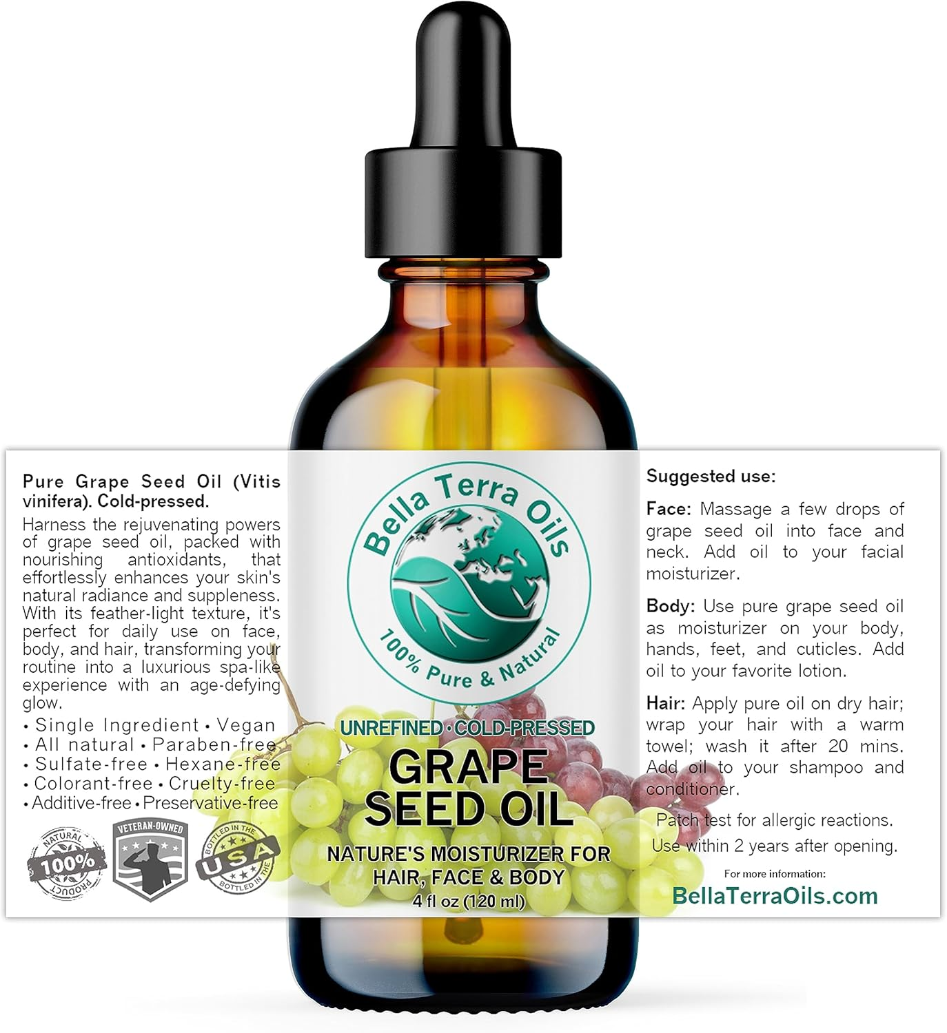 Grape Seed Oil 4 Oz 100% Pure Cold-Pressed Unrefined Organic Hexane-Free Natural Moisturizer for Skin Hair. Non-Comedogenic. Great for Sensitive, Acne-Prone Skin. Fast-Absorbing. Bella Terra Oils image number 1
