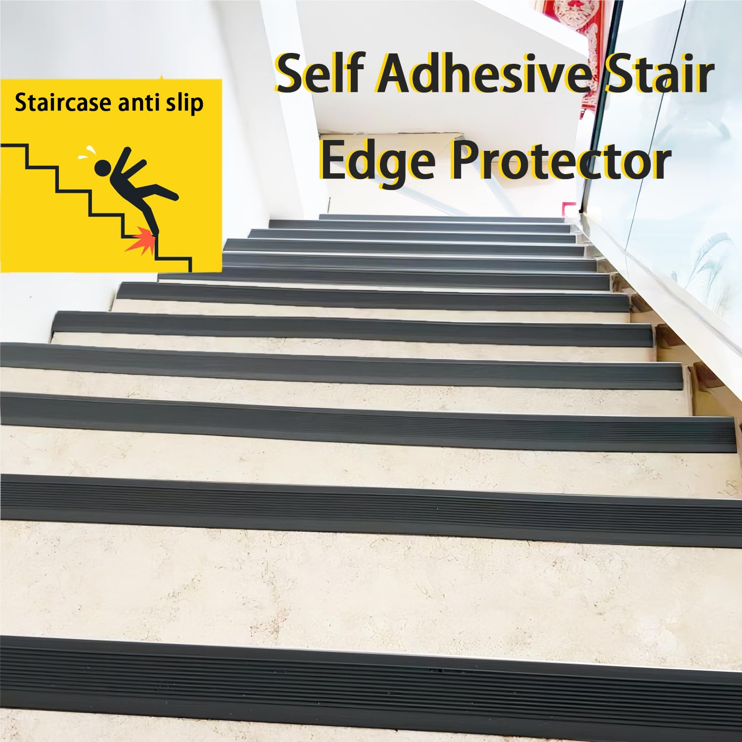 5M/16.4FT Vinyl Stair Nosing, Self Adhesive Stair Edge Protector, Stair Edging, Stair Edge Trim, Non-Slip and Waterproof Outdoor Indoor Staircases,Black image number 2
