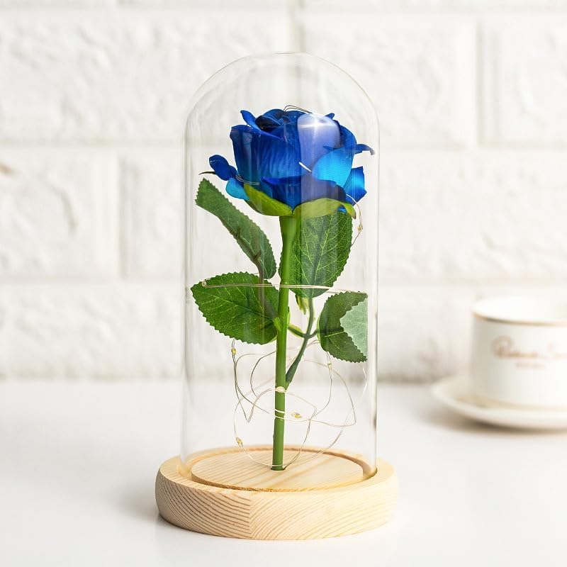 Simulation Rose Flower Preserved Plastic Beauty Red Roses Flowers in Glass Dome, Birthday Gifts Women, Artificial Rose with Led Light, Unique Gift, Valentine'S Day Gifts (Blue) image number 1