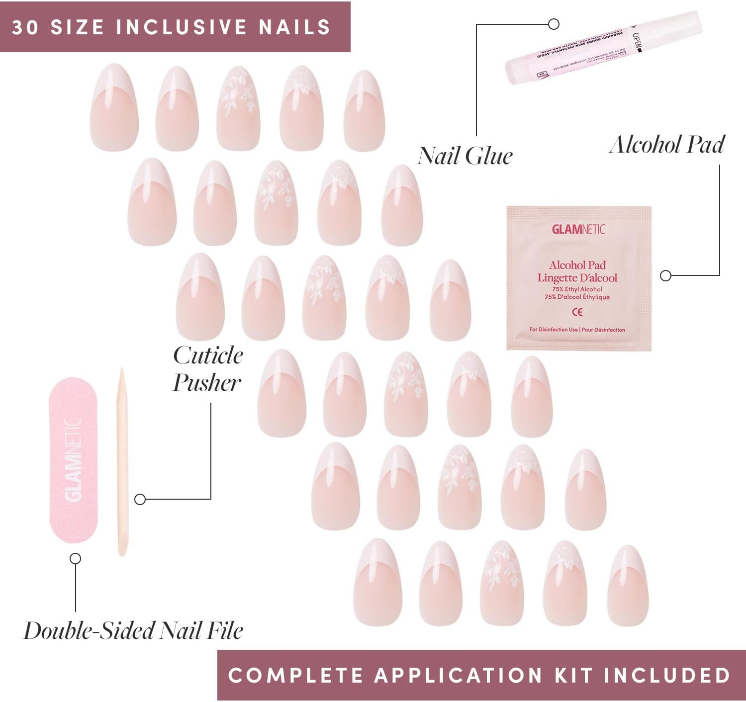 Glamnetic Press on Nails - All Time Love, Short Nails with French Tips and Leaf Details, Reusable Adhesive False Nails, Love in Bloom Spring Nails, 15 Sizes - Kit of 3 - 2-Pinch Me image number 2