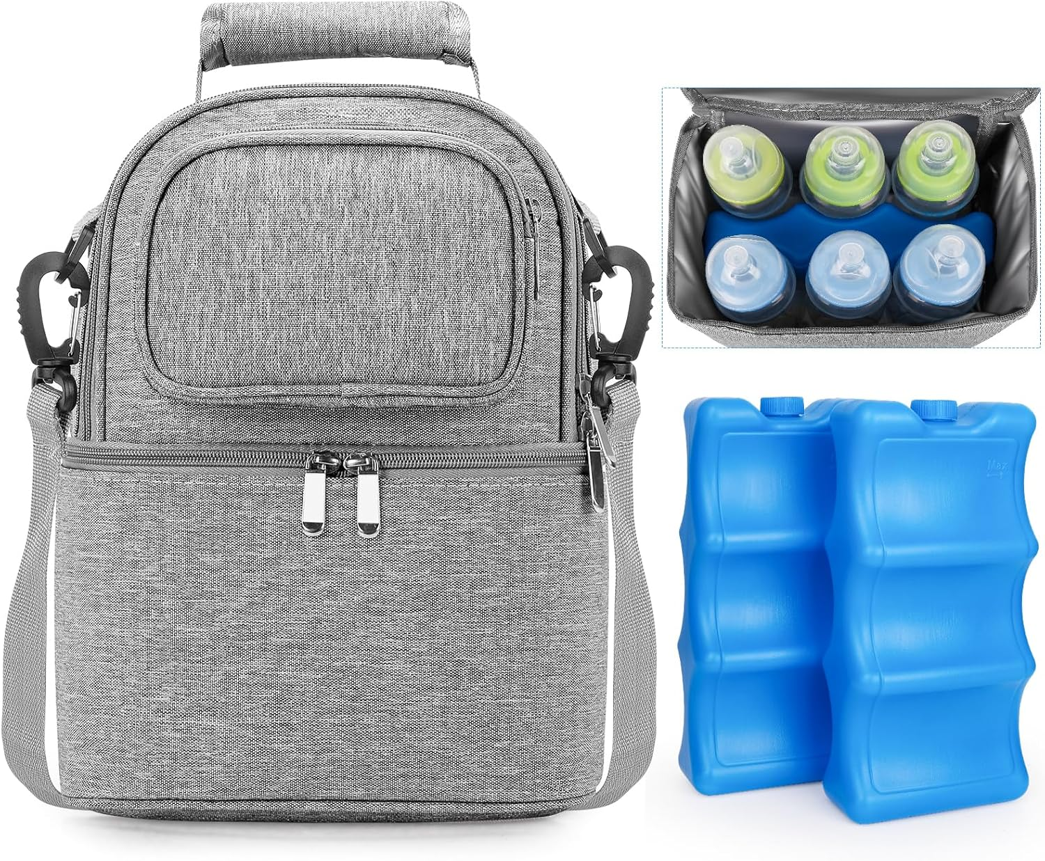 Breastmilk Cooler Bag with Ice Pack Bottle Cooler Bag for Baby Milk Breast Pump Bag with Cooler Double Deck Breast Milk Storage Bag for Breastfeeding Nursing Daycare Insulated Lunch Bag with Strap image number 5