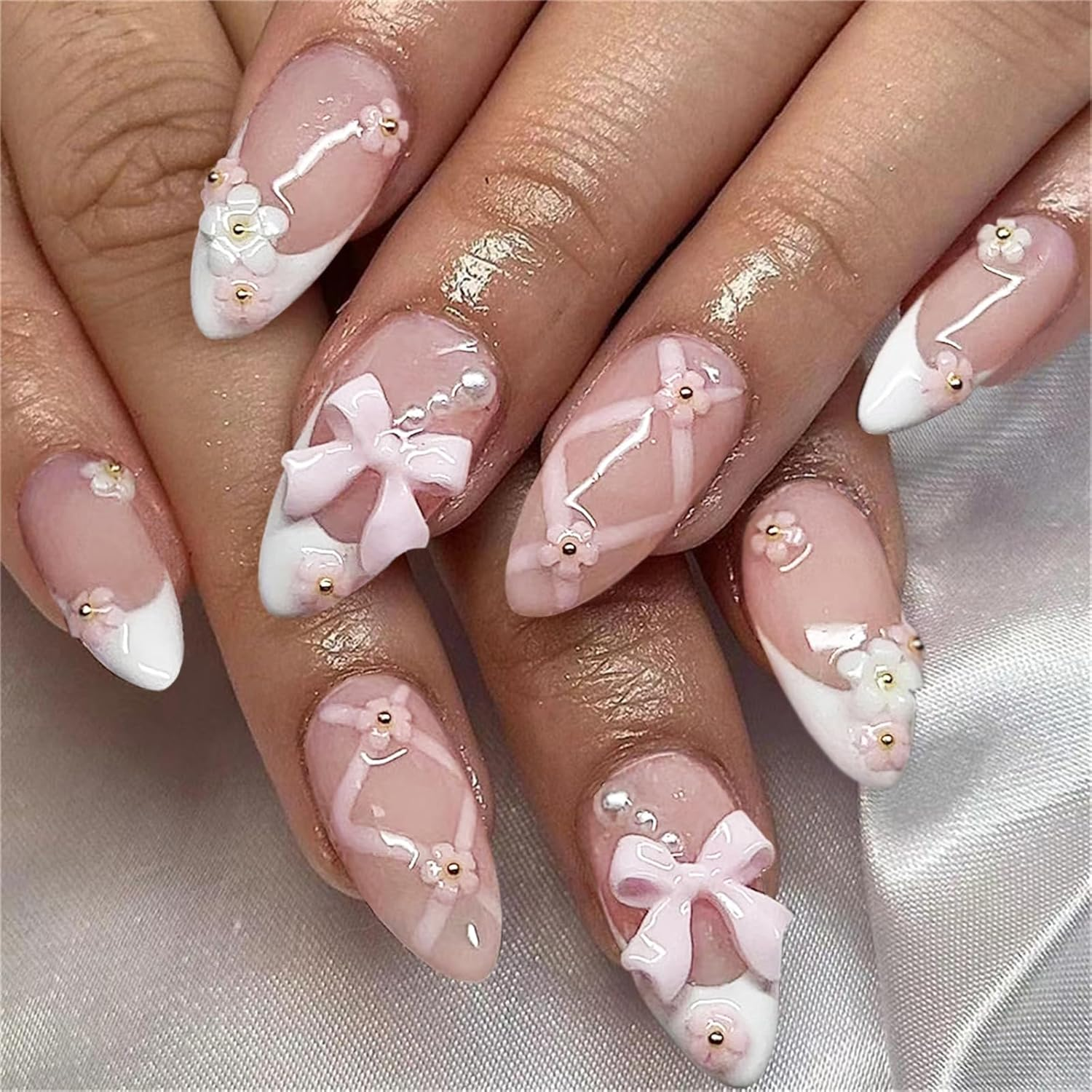 Yamobi Pack of 24 Artificial Nails, Glitter Press on Nails, Short, French Nails for Sticking, Y2K Press on Nails, Almond Shape Press on Nails French, DIY Manicure image number 1