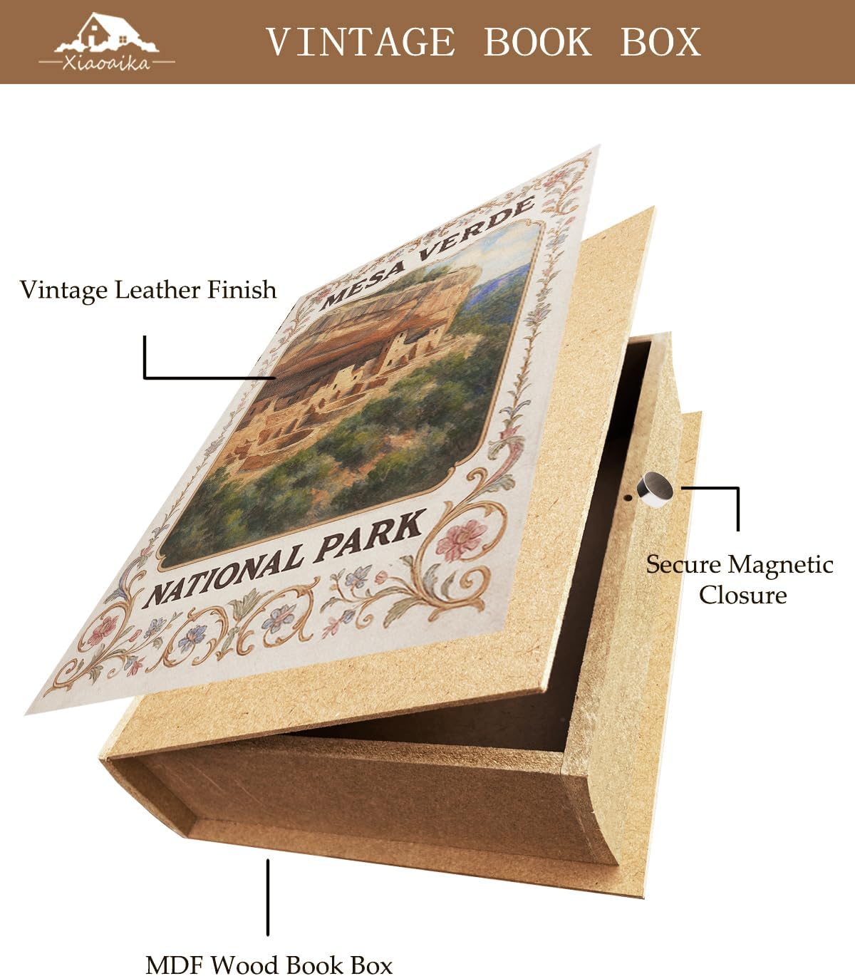 Decorative Wooden Book Box - Vintage Faux Book Boxes with National Park Design, Secret Storage with Magnetic Closure, Leather Cover, Perfect for Home Office Bookshelf (1 X Mesa Verde) image number 2