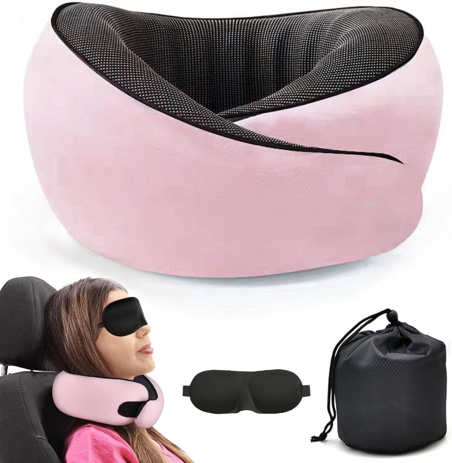 Travel Neck Pillow,Premium Memory Foam Travel Pillow with 3D Contoured Eye Masks & Mesh Bag, Comfortable Breathable Machine Washable, Pain Relief Sleeping Travel Pillows for Planes,Trains,Car-Pink image number 6