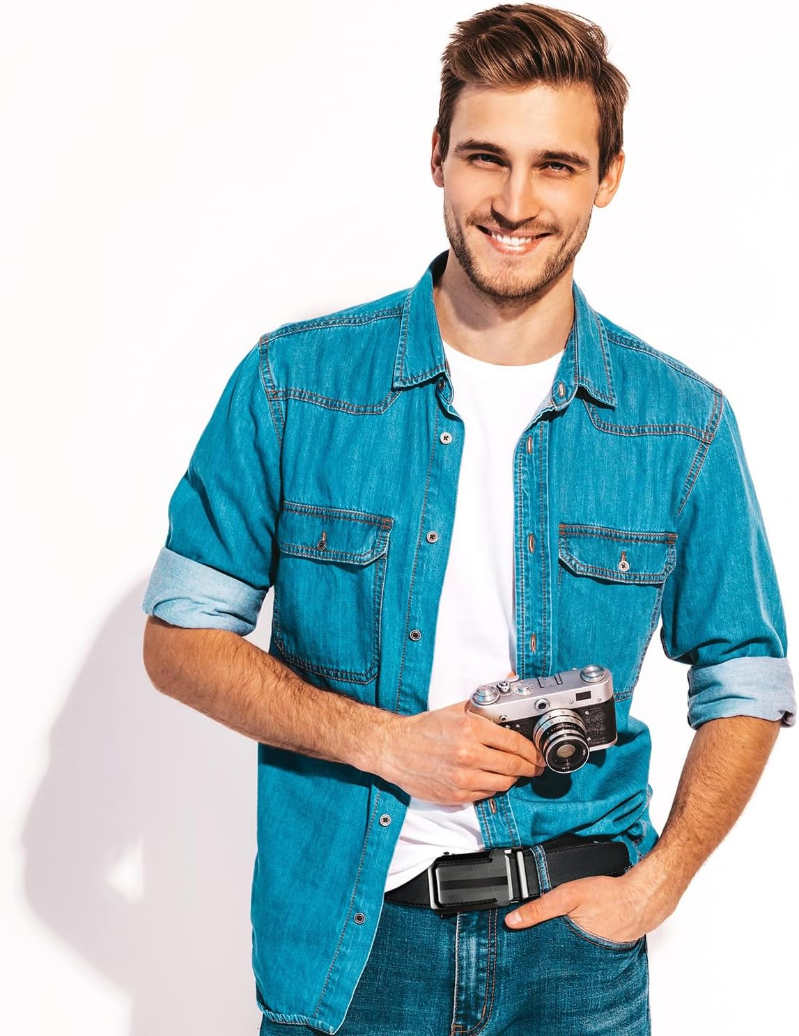 Skiporty Mens Belt 2 Pack Leather Ratchet Dress Belt Double Style in Gift Box for Pants Jeans Comfort Click image number 3