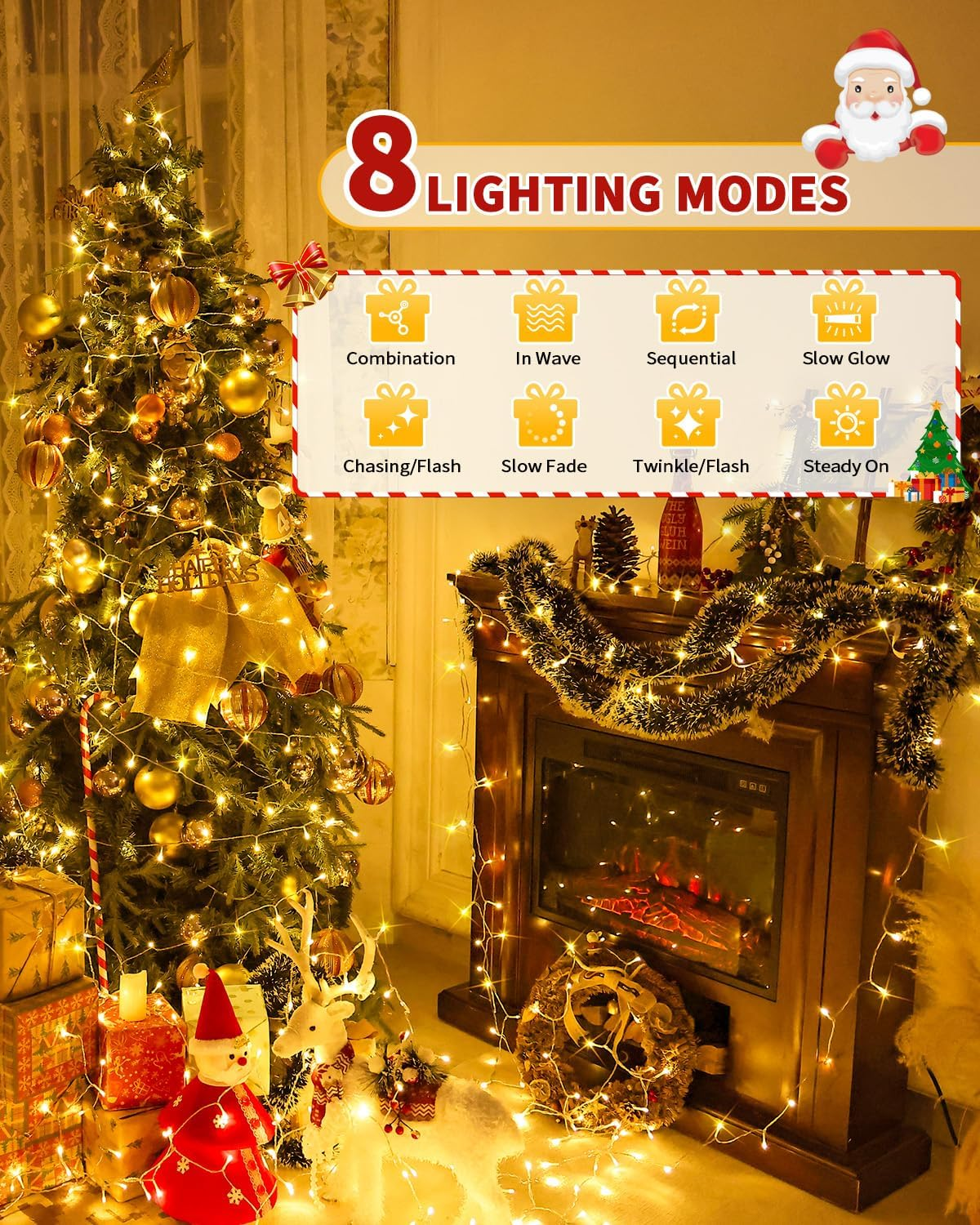 Christmas Lights String Outdoor Indoor, 200 LED 65.6FT Warm White Xmas Tree Decorations Lights, Plug in Twinkle Fairy Light with Remote Timer Dimmable for Room Yard Holiday Party Wedding Camping Decor image number 4