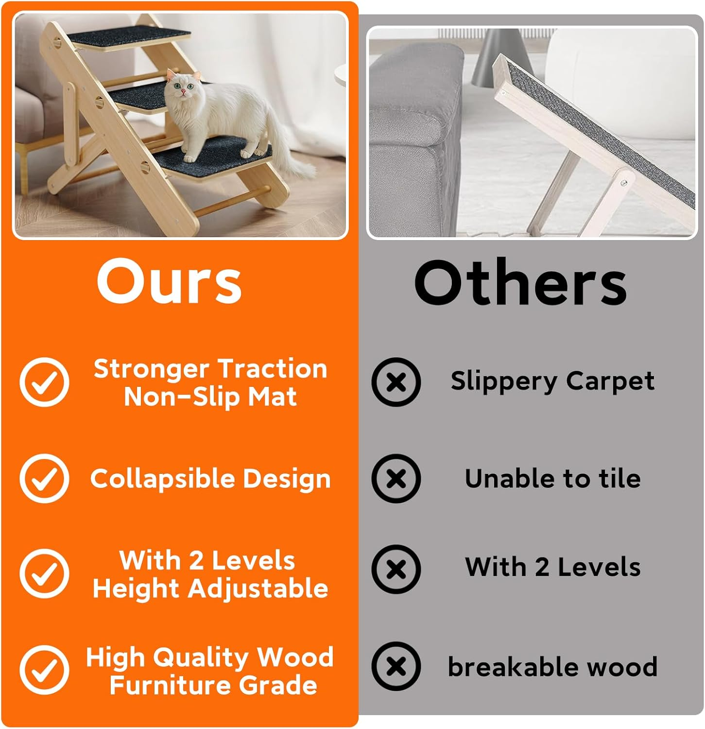 2-Level Convertible Foldable Dog Ramp & Stairs for Couch, Bed & Car, Wood Pet Steps for Small Dogs & Cats up to 22 Lbs, Non‑Slip Carpeted Surface, Portable Design (Assembly Required) image number 4