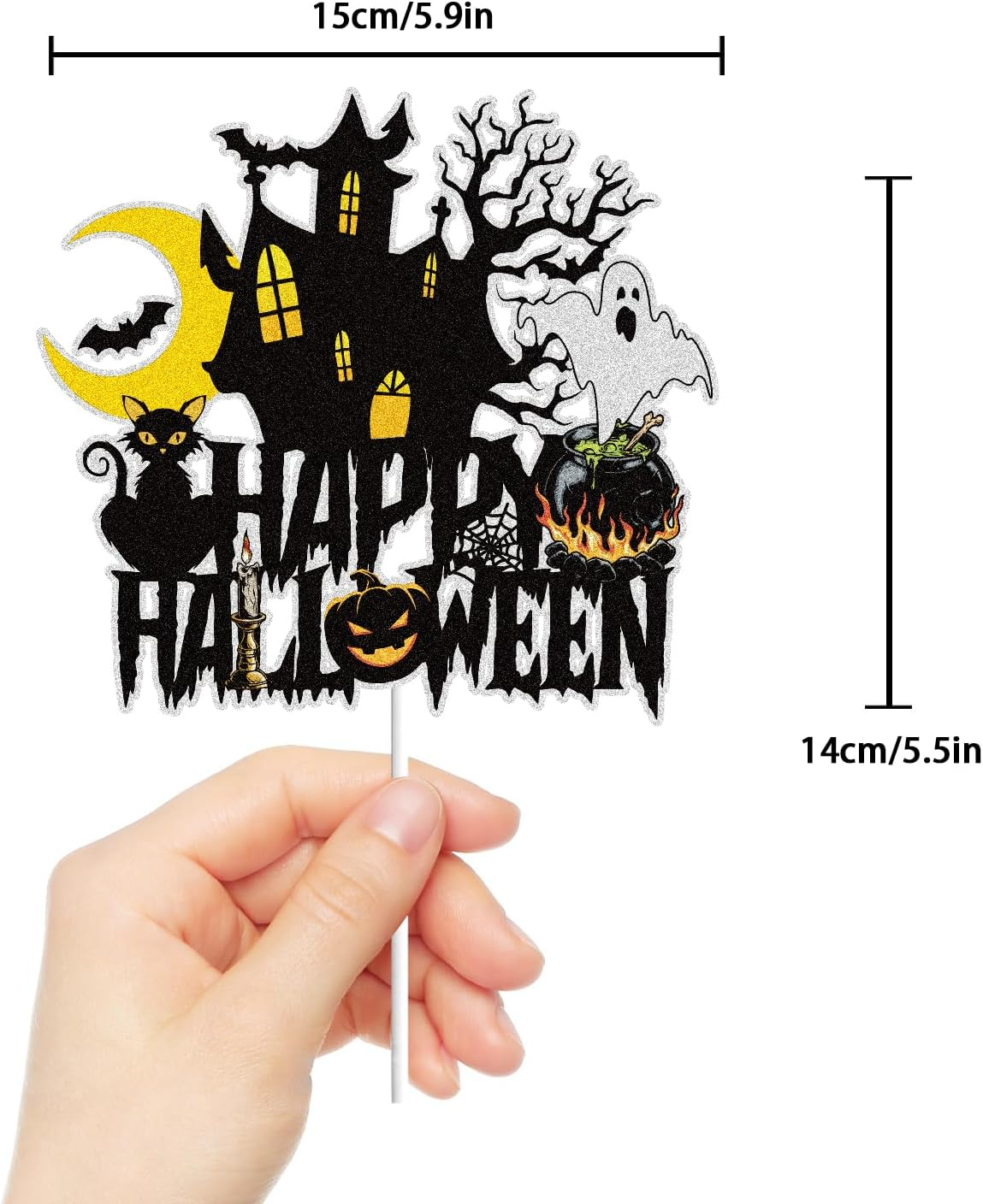 Happy Halloween Cake Topper Halloween Holiday Decorations Black Glitter Ghost House Pumpkin Moon Bat Themed Halloween Party Decoration Supplies - Birthday Witch image number 2