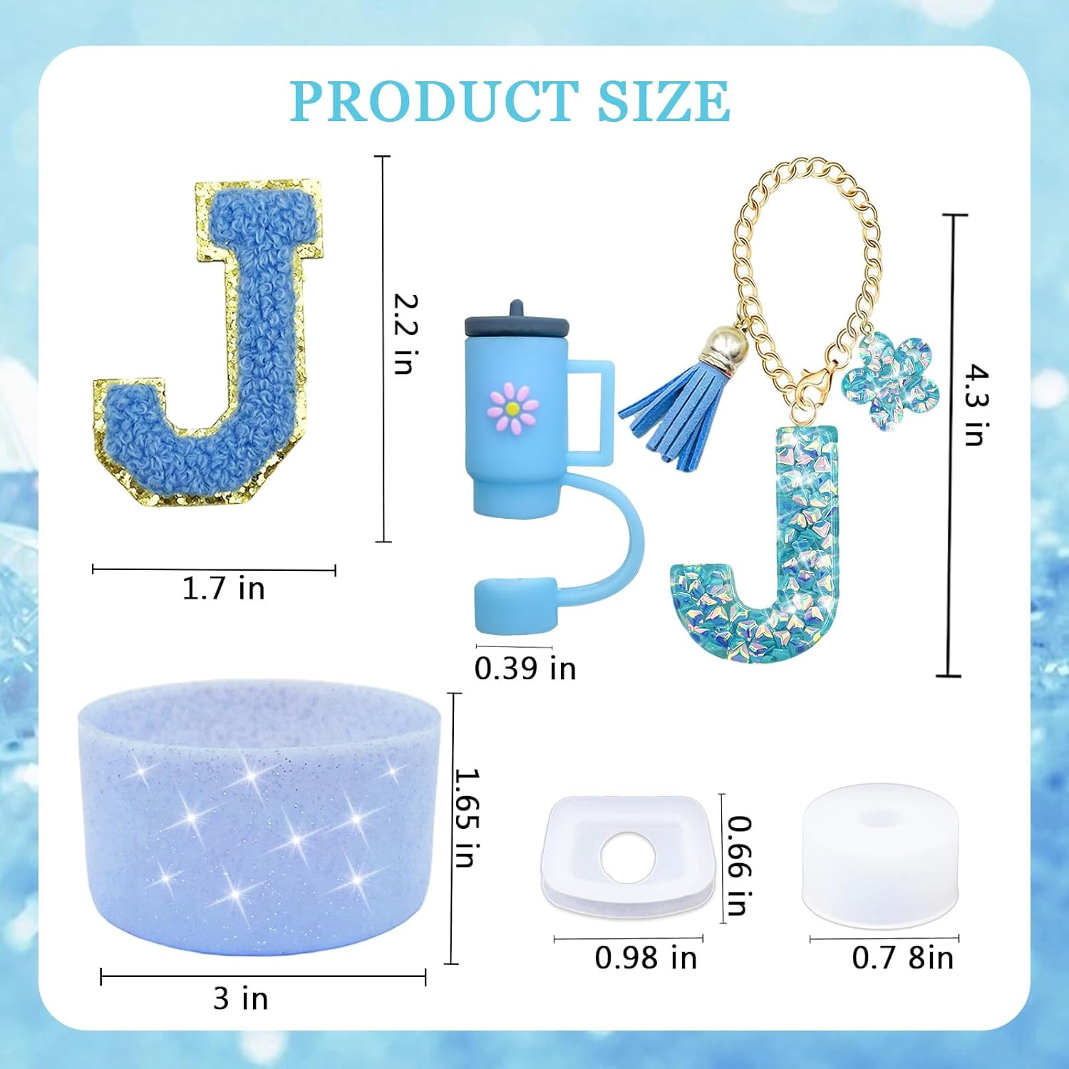 6PCS Cup Accessories Set for Stanley Cup 30Oz 40Oz Tumbler with Handle, Including Silicone Straw Topper Cover Cap and Boot, Spill Proof Stopper, Handle Charm, Initials Sticker(Blue J) - Blue B image number 7