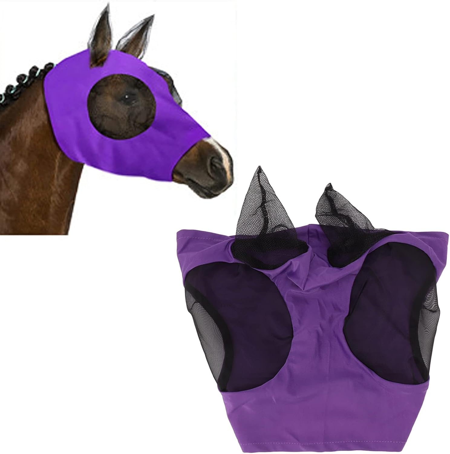Breathable Horse Mesh Fly Mask with Ears, Elastic Equestrian Face Mask for Horses, Sunlight Protection & Fly Protector (Purple) image number 2