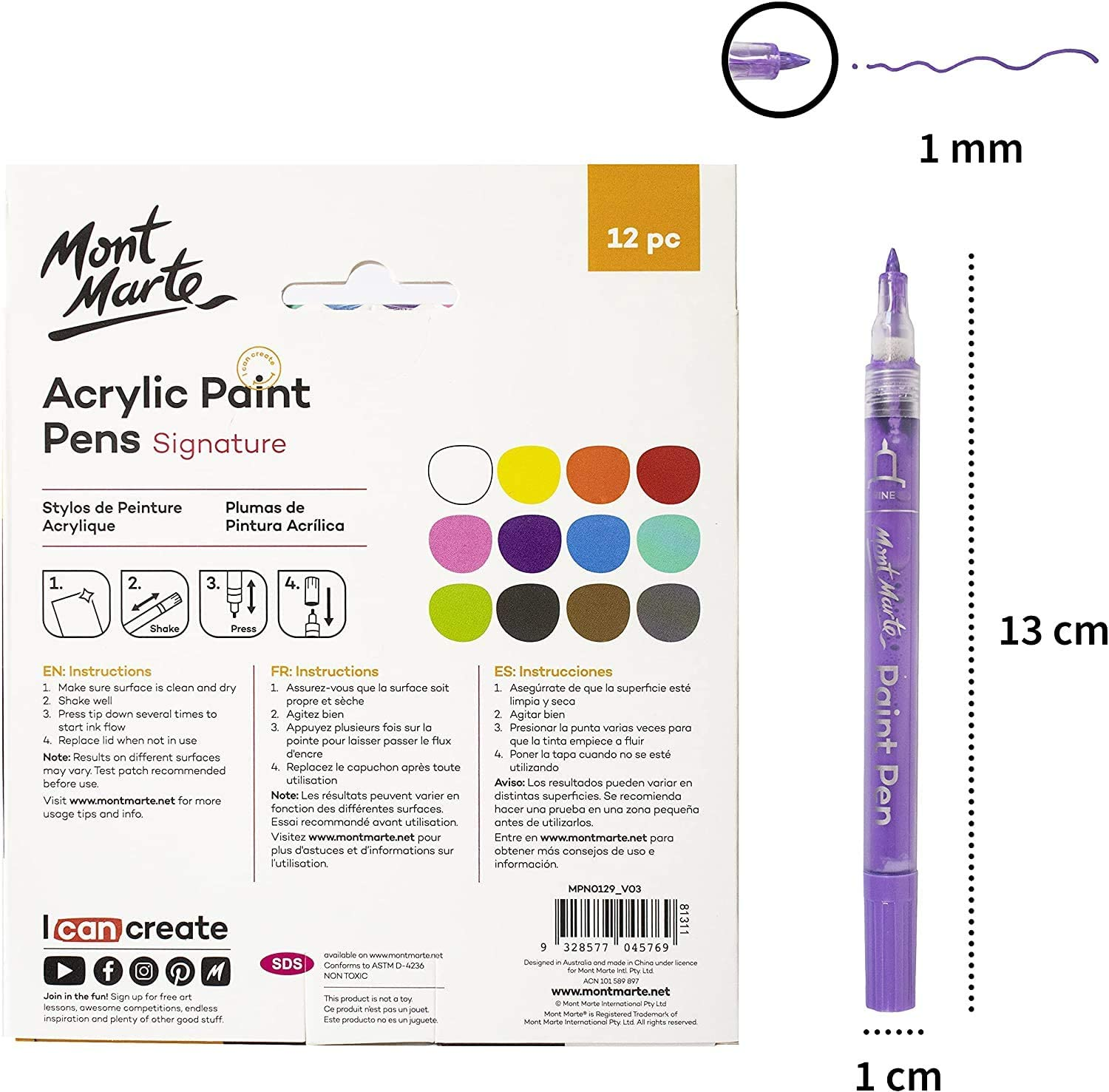 Mont Marte Signature Fine Tip Acrylic Paint Pens (12 Pieces) image number 6