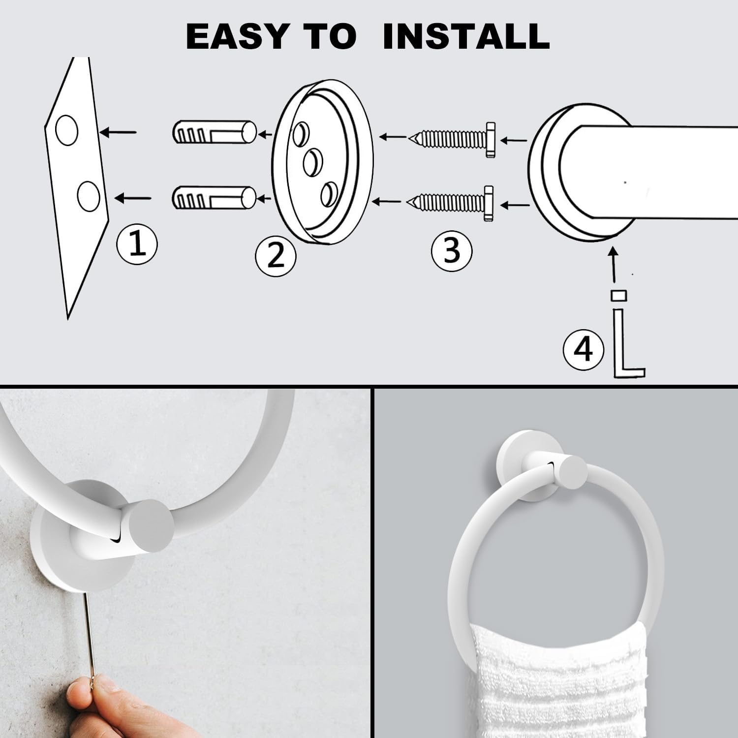 Cilee White Towel Ring for Bathroom，Bath Towel Ring, Bathroom Hardware Accessories，Hand Towel Holder SUS304 Stainless Steel Bathroom Towel Rack，Towel Hanger for Bath Wall Mount image number 4