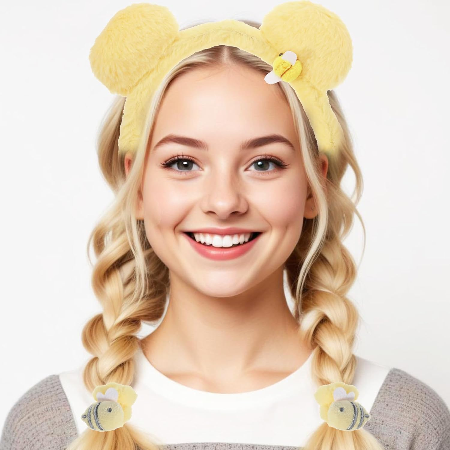 Ptwola 3 Pcs Yellow Plush Bear Ears Headband Hairband Animal Ears Headwear Hair Ties Cute Halloween Festival Cosplay Party Costume Accessories Set Ponytail Holders for Makeup Face Washing image number 1