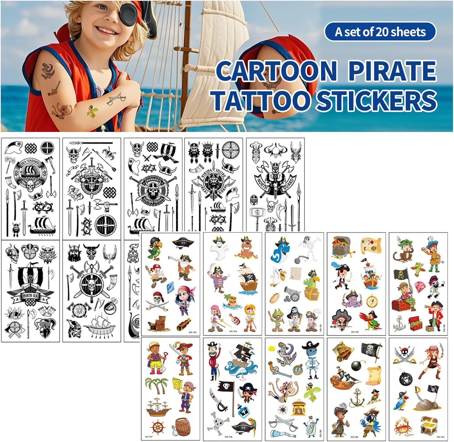 Shalve Pirate Temporary Tattoos Waterproof Fake Tattoos Stickers Color and Black and White Gift Idea Fillers Birthday Party Favour Supplies School Prizes Rewards Holiday D&eacute;cor Classroom Rewards image number 5