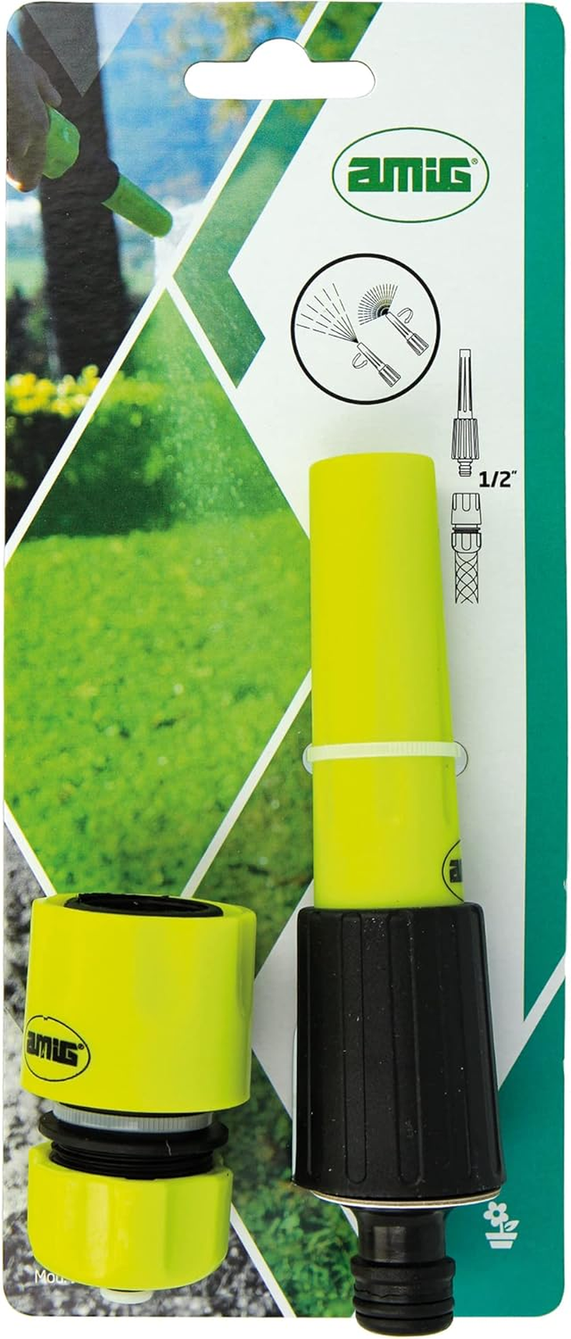 Amig - Watering Set | 2 Components | 1 Watering Lance with Adjustable Flow and 1 Quick Connector with Stop Function | Ideal for Gardening | ABS Plastic | Pistachio Green and Black