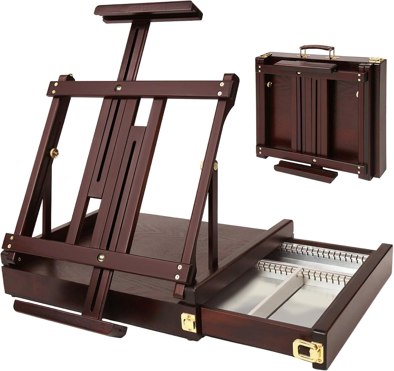 MEEDEN Studio Sketchbox Table Easel with Metal Lined Drawer - Adjustable Solid Beech Wood Tabletop Easel & Sketchbox Artist Easel with Storage, for Studio or Plein Air - Holds Max 34", Walnut Finish