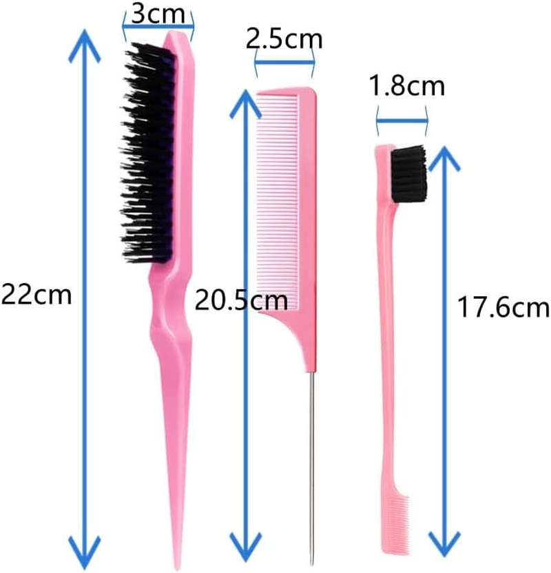 Slick Back Hair Brush Set Bristle Hair Brush Teasing Comb for Women Hair,Bristle Hair Brush Used to Remove Hair and Debris 3Pcs(Pink) image number 3