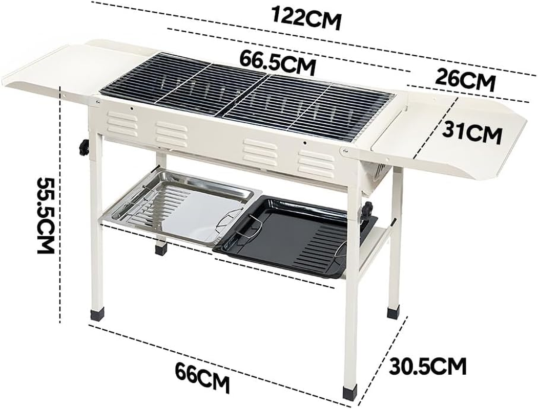 ALSTON Portable Large Barbecue Charcoal Grill Stove Foldable Charcoal Outdoor Camping Barbecue Stainless Steel BBQ Grill, with 2 Grill Nets 2 Enamel Baking Pans Tong, 122X55X31Cm image number 6