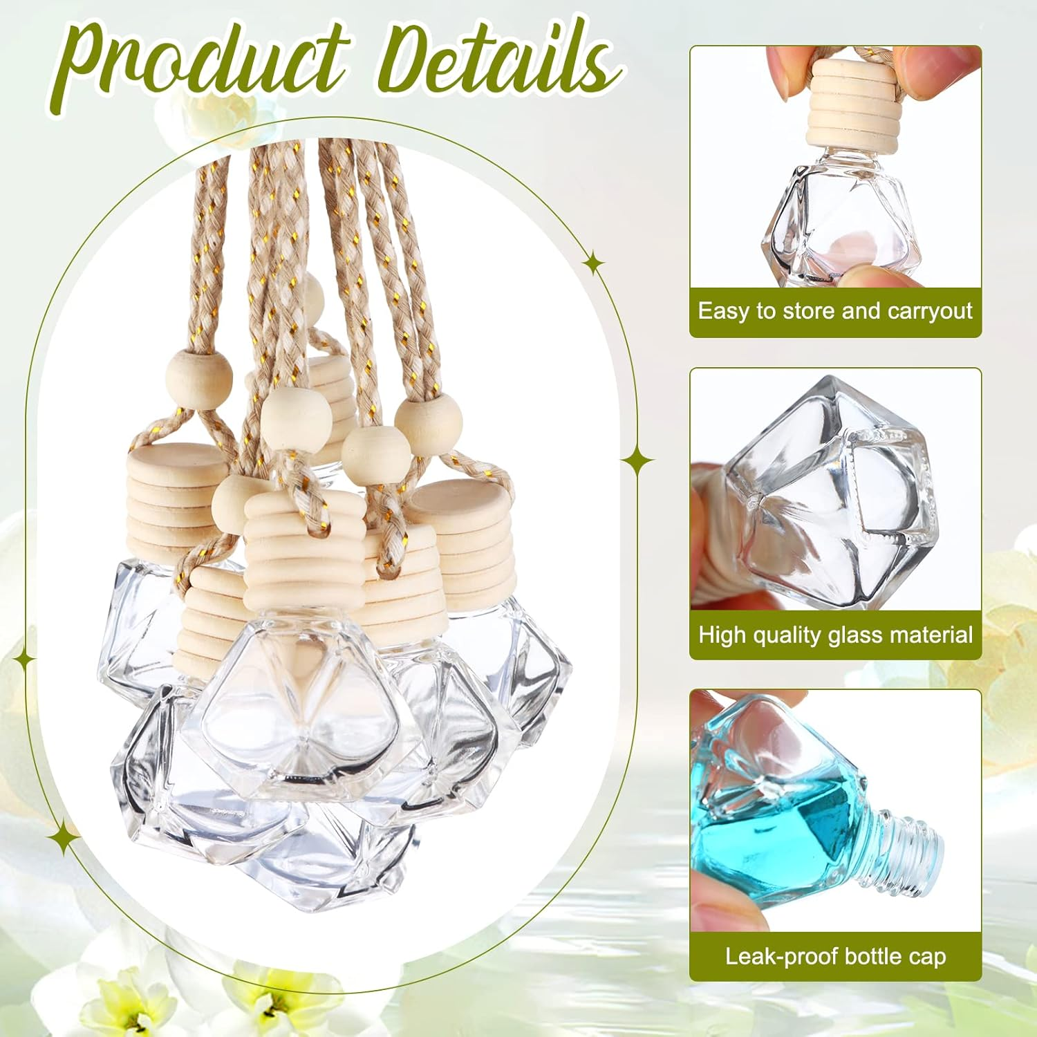 60 Pcs Hanging Car Air Freshener Car Diffuser Bottles Empty Glass Perfume Bottles Air Freshener Diffuser Bottle Pendant for Essential Oils Fragrance Aromatherapy Bottle Ornament Decor (Classic Style)