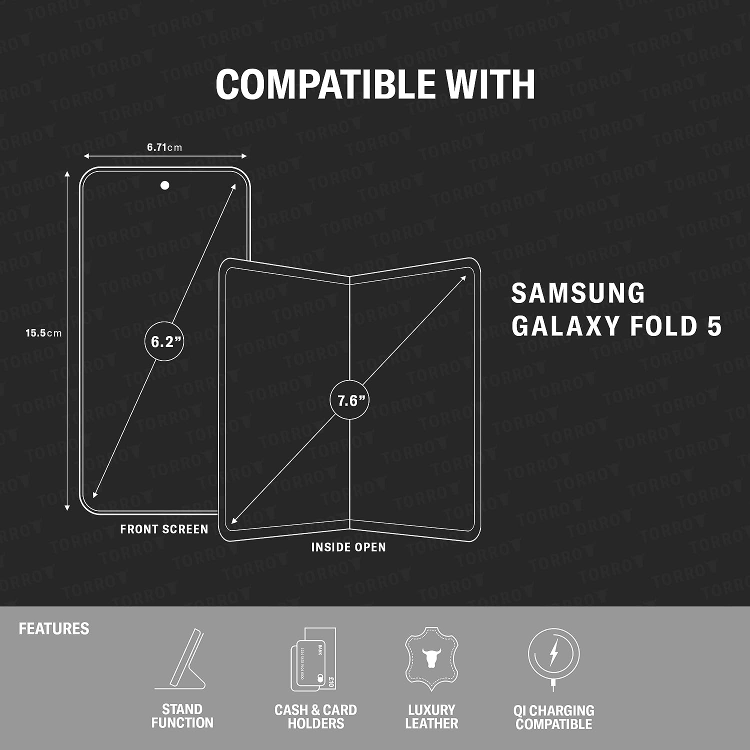 TORRO Phone Case Compatible with Samsung Galaxy Z Fold5 &ndash; Premium Leather Wallet Case with Stand Function and Card Slots (Black) image number 4