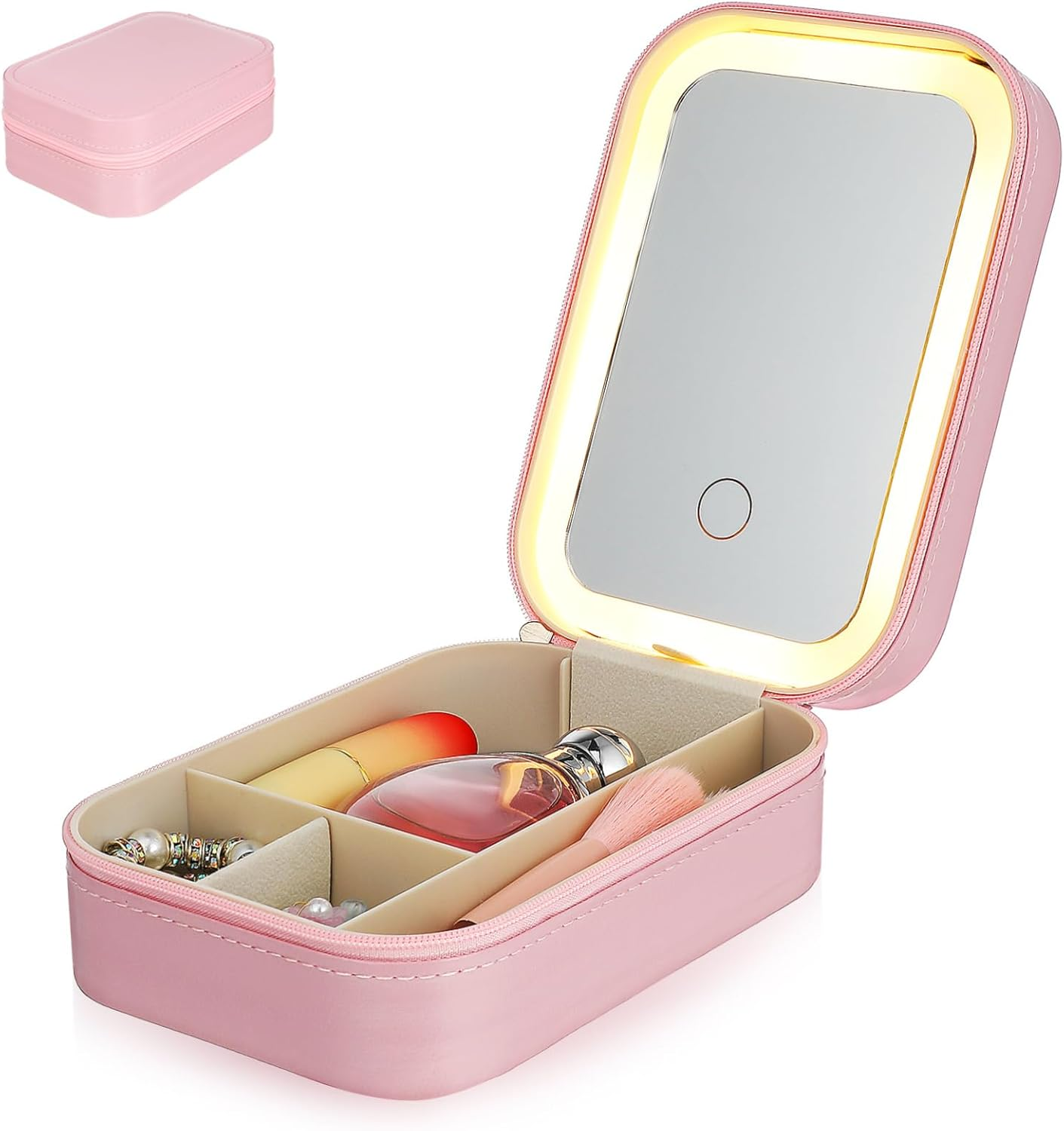 BATHVEVE Lighted Makeup Mirror Cosmetic Organizer Bag with Adjustable Brightness, Small Travel Vanity Case with Led Mirror for Women