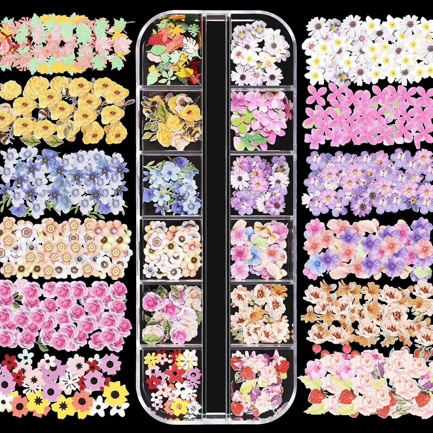 Maitys 3 Boxes 1080 Pcs 3D Flowers for Nails Decals (Not Self Adhesive or Stickers) Colorful Mixed 3D Flower Leaves Wood Pulp Nail Sequins for DIY Manicures image number 3