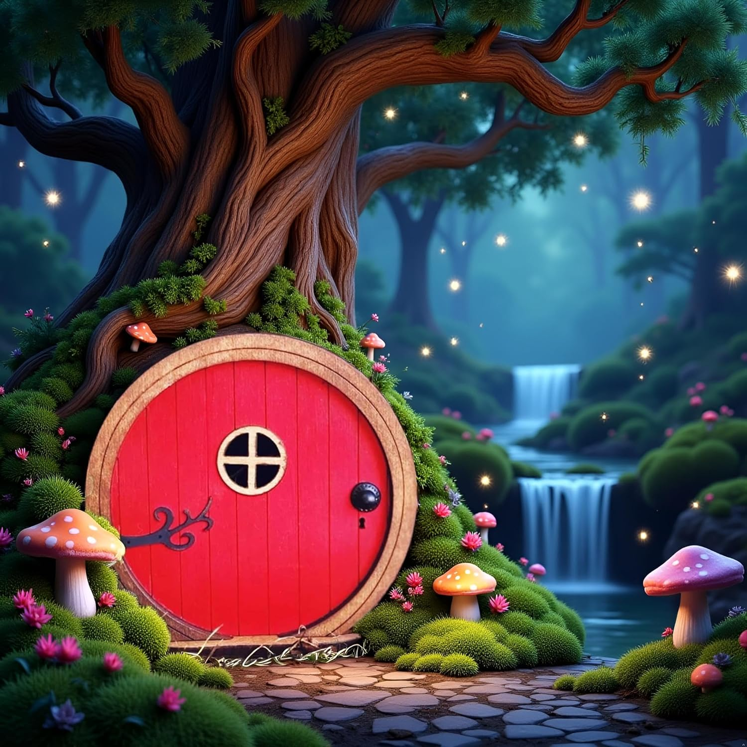 1Pc Red Fairy Garden Door for Tree, Fairy Doors for Trees Outdoor and Tree Trunk, Mini Fairy Garden Sculpture Lawn Ornament Decor, Fairytales Door Decoration，Garden Miniatures image number 1