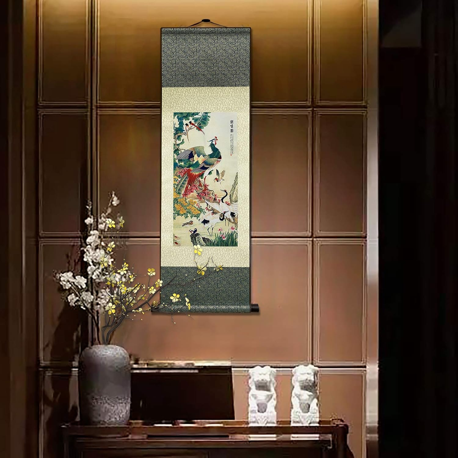 Silk Scroll Painting Asian Wall Decor Birds - Hundred Birds Respect the Phoenix Beautiful Chinese Art Wall Scroll Hanging Painting Scroll Oriental Decor(39 X 12 In) image number 2