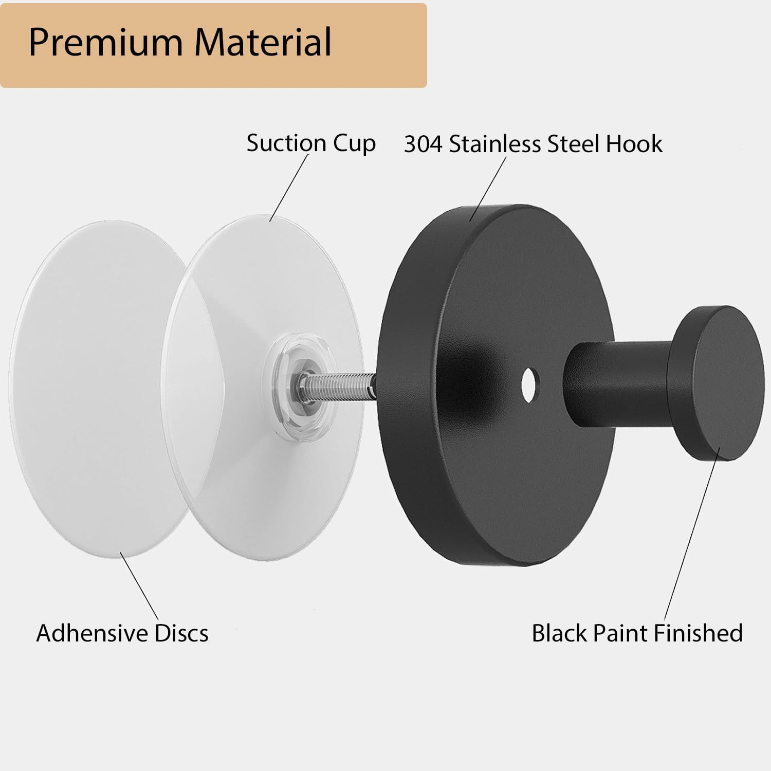 2Pcs Suction Cup Hooks for Shower, No-Drill Bathroom Hooks for Towels, Robes, Loofah Mountable on Bathroom Walls, Kitchen, Glass, Mirrors,Tile,Smooth Non-Porous Surfaces,Waterproof & Rustproof,Black - 2Pcs Chrome image number 3