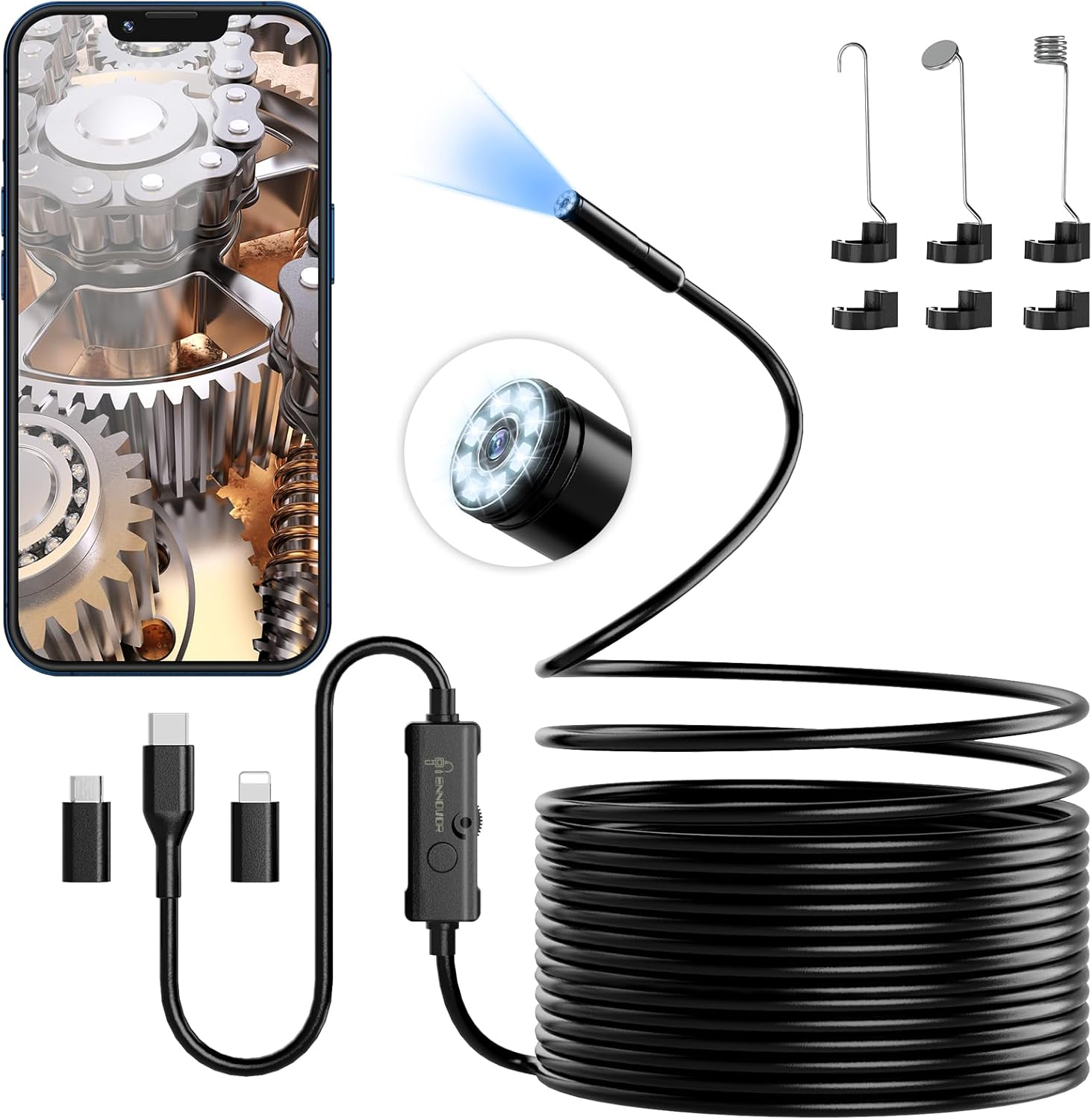 Endoscope Inspection Camera, Ennovor 1920 HD Flexible Rigid Snake Camera, 8 LED Lights No Wifi Snake Camera Waterproof IP67 Tube Sink Pipe Drain Camera for Android Ios Tablet Samsung (16.4 Ft/ 5M) image number 4