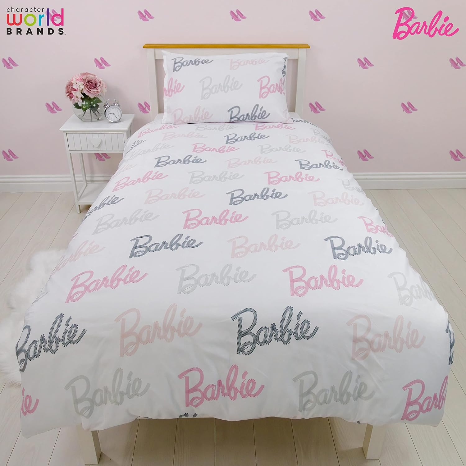 Character World Barbie Official Single Childs Duvet Cover Set | Figures Design Reversible 2 Sided Bedding Including Matching Pillow Case Brands Polyester Single Quilt Cover, Pink (BARFGSDS002UK1) image number 1