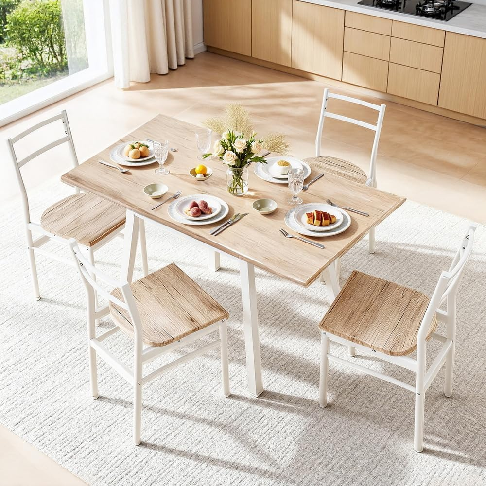 Artiss Dining Table and Chairs Set of 5, Modern Kitchen Furniture Foldable Functional Desk Set, Space-Saving Furniture for Apartment, Restaurant, Natural and White image number 5