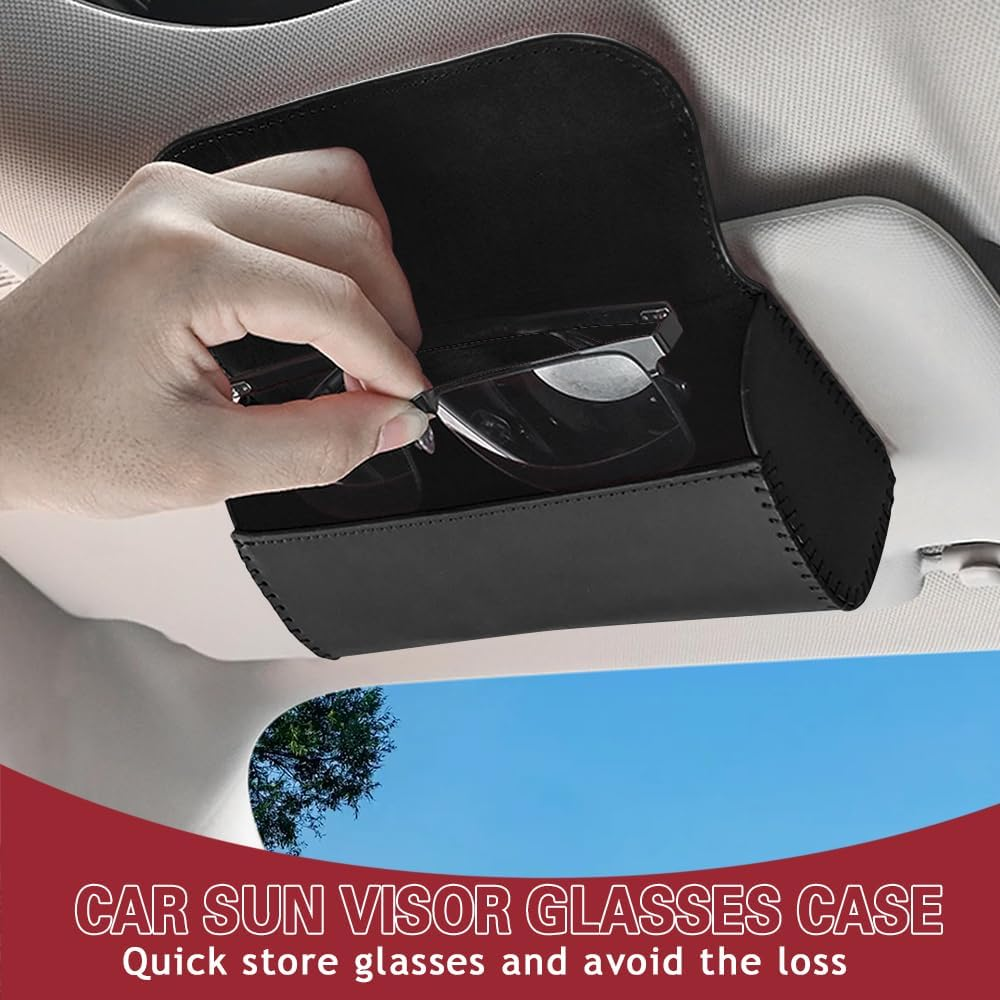 WINUERK Sunglass Holder for Car Visor, Leather Car Eyeglass Holder with Clips, Visor Accessorie Glasses Protective Storage Casef for Women Men, Universal Car Interior Accessories Fit All Cars (Black)