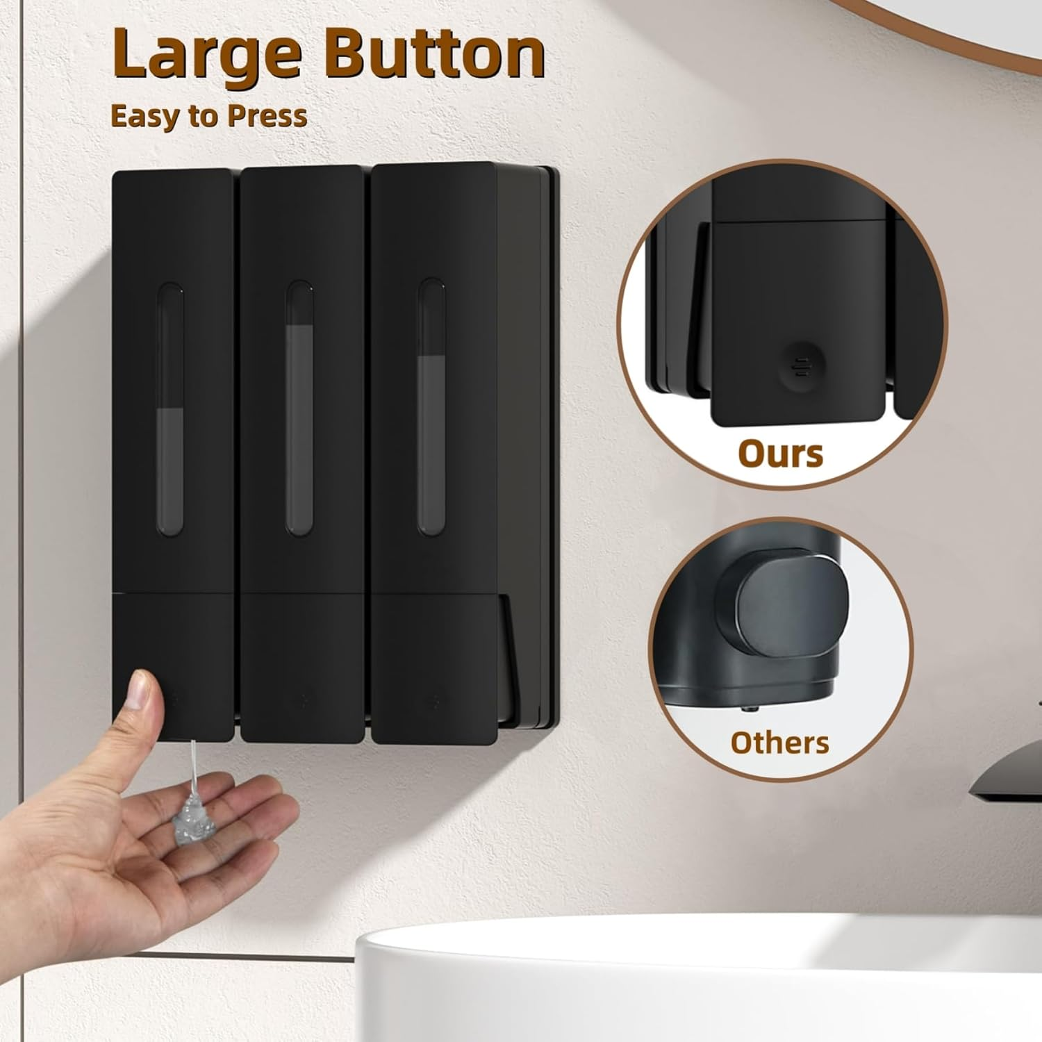 FORYUSE Shower Soap Dispenser Shampoo Conditioner Wall Mounted No Drill Body Wash Dispenser 3 Chamber for Home Bathroom Hotel 3 X 400Ml Large Capacity Black image number 3