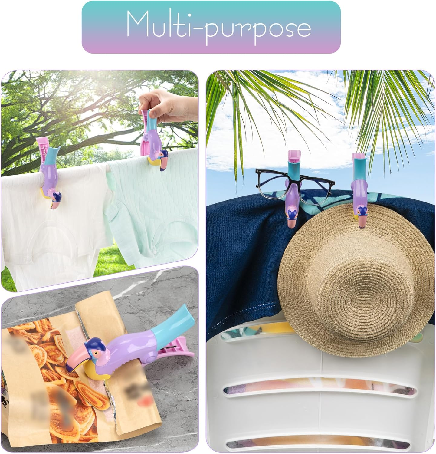 SHIDOW Beach Towel Clips, Jumbo Size Towel Clips for Beach Chairs Cruise Pool Patio or Daily Use Secure Hang Seal, Set of 2 (Flamingo) image number 2