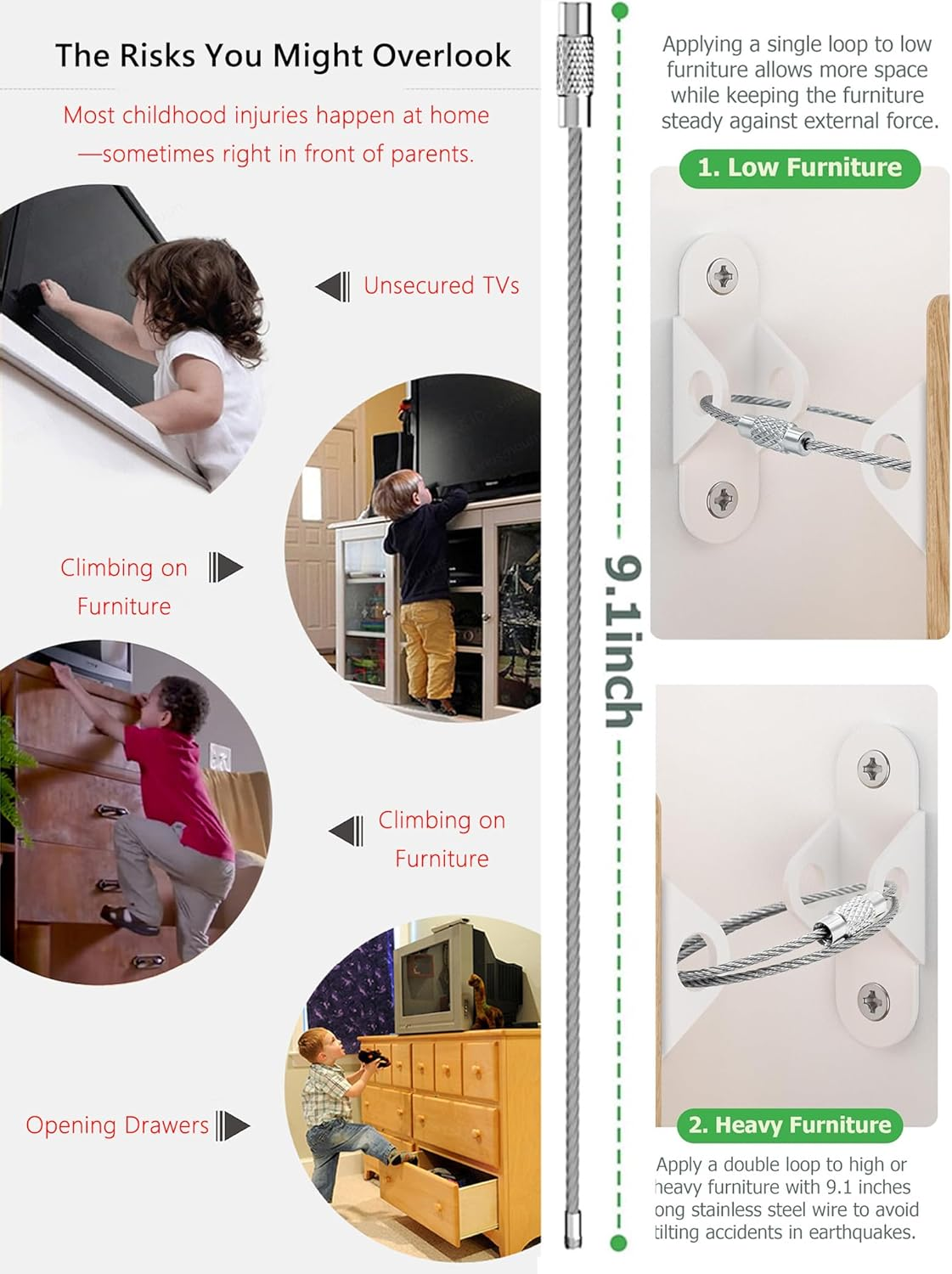 Wayfurr Furniture Anchors for Baby Proofing (12 Pack), anti Tip Wall Straps Secure 400 Lbs Dresser, Bookshelf & Cabinet, Child Safety image number 2