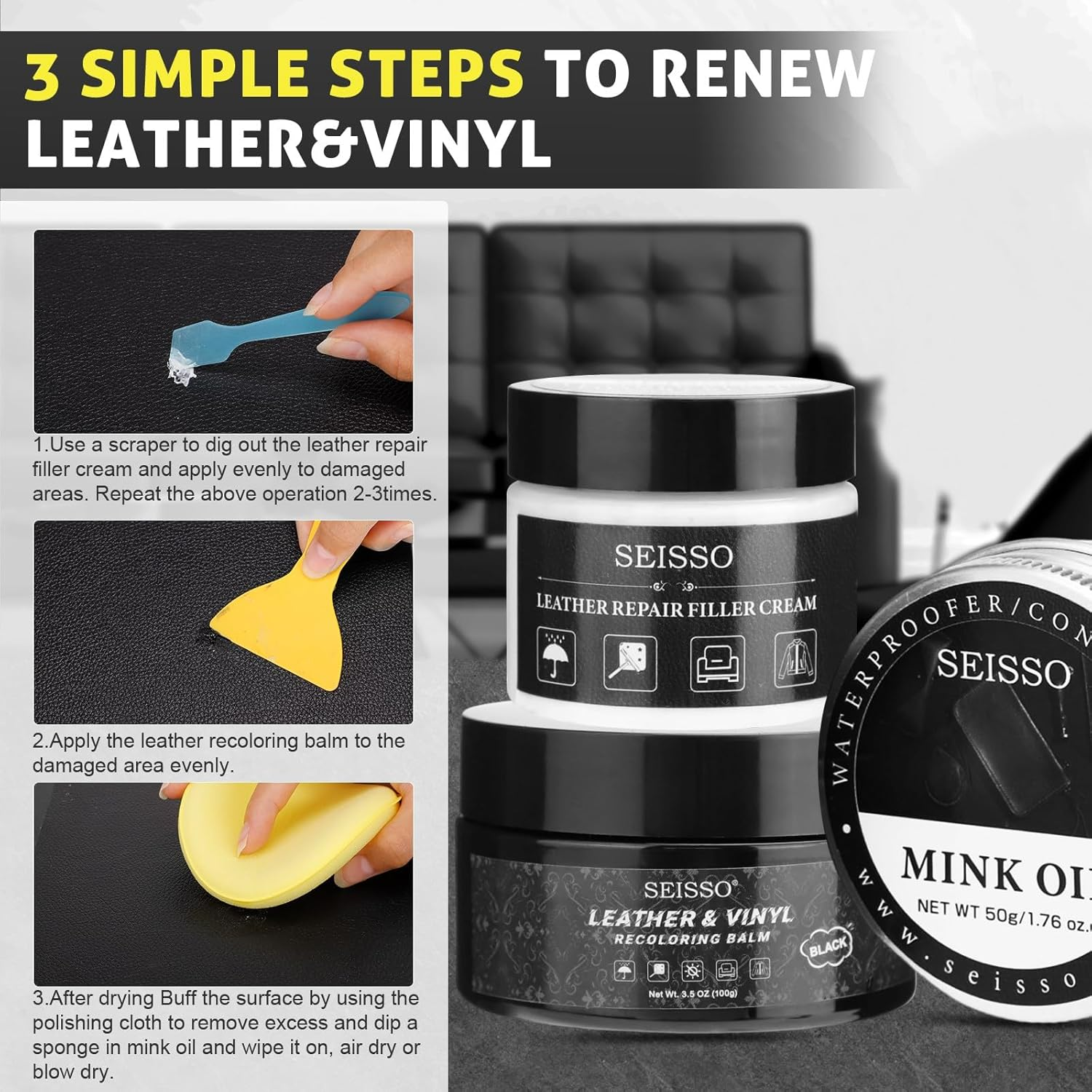 SEISSO Dark Black Leather Repair Kit, Recolouring Balm Restore Furniture Scratches and Fading with Mink Oil for Car Seats Sofas and Shoes image number 4