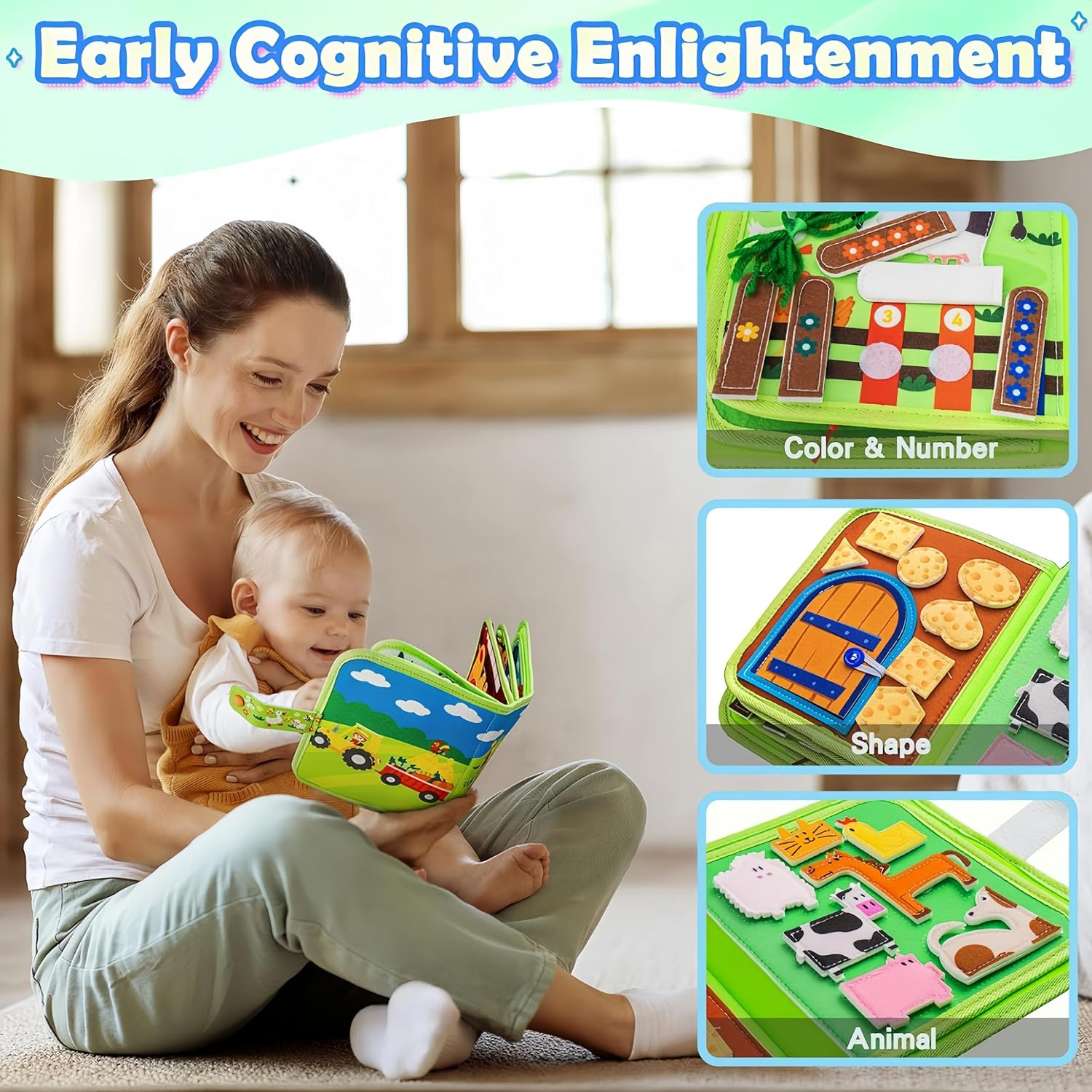 Febohao Busy Board for Toddlers 1-3 Activities Travel Toys for Plane Montessori Baby Busy Book with 8 Interactive Pages Learning Education Sensory Farm Animals Toys image number 3