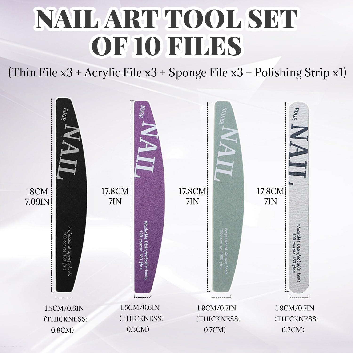 BOROLA 10PCS Nail File and Buffer Set, Manicure Tools for Acrylic Natural Gel Nails, Includes Multi-Grit Sponge Files, Polishing Strip, Acrylic & Thin Files for Home & Salon Nail Care image number 1