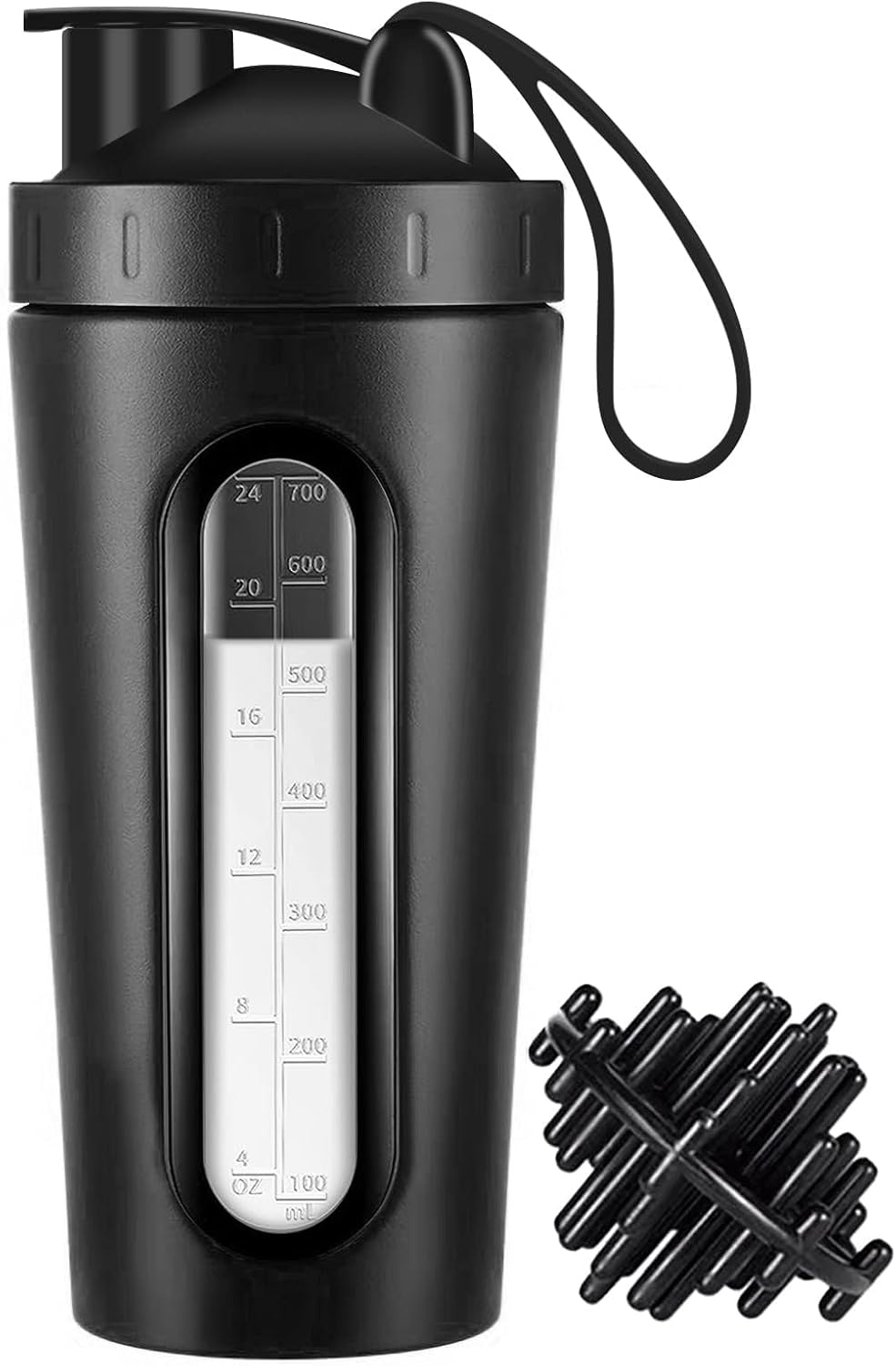 Protein Shaker Bottle, 700Ml Stainless Steel Bottle with Visible Window, Bpa-Free, Leak-Proof Design (Black)
