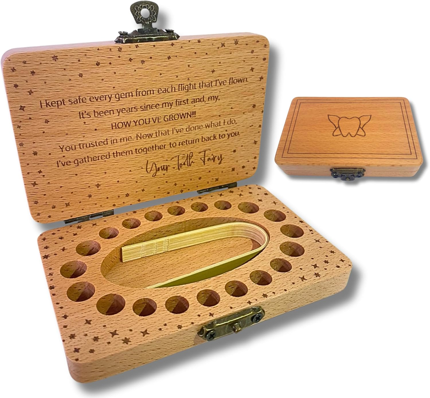 Tooth Fairy Keepsake Box for Girls & Boys, Tooth Fairy Box for 20 Baby Teeth, Wooden Tooth Storage & Saver Box for Lost Teeth, Tooth Fairy Gifts for Birthday (Natural Beech)