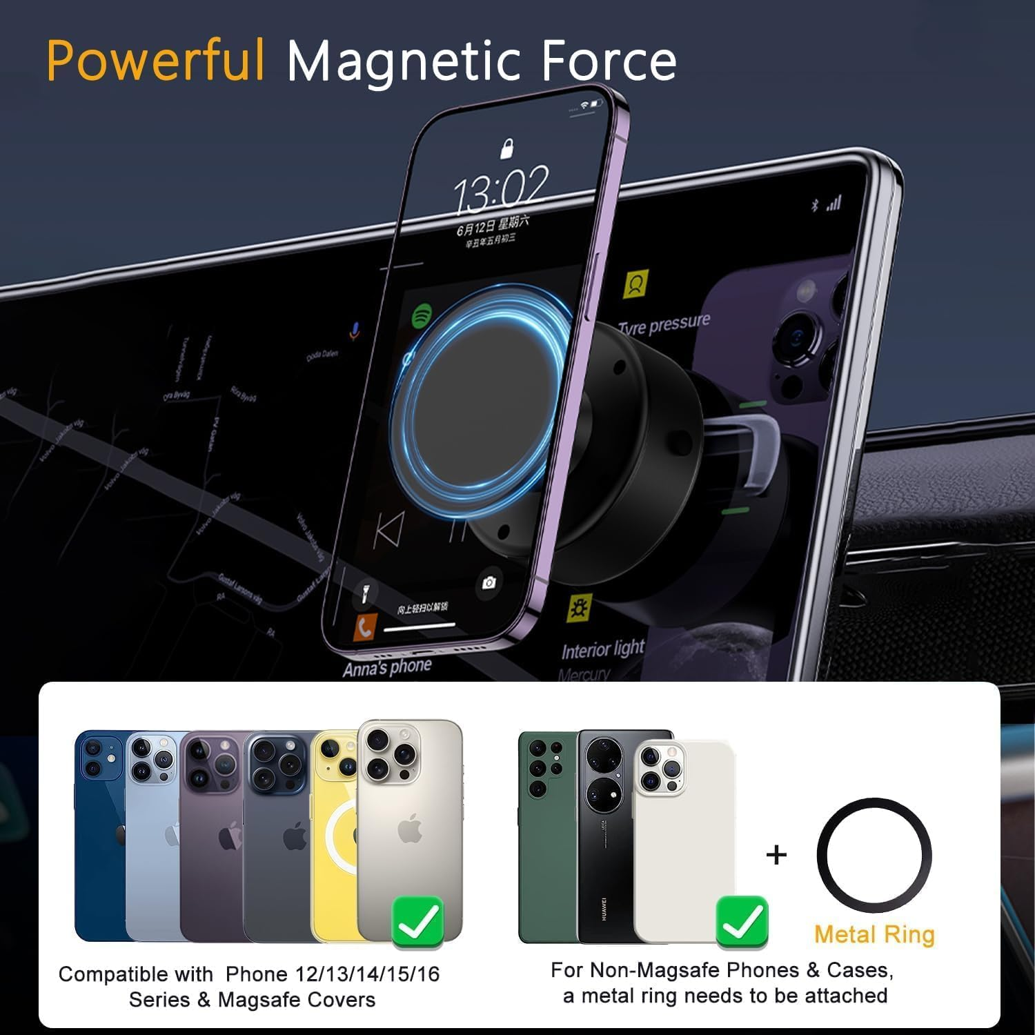 Xkimos 360&deg; Rotating Vacuum Magnetic Phone Holder, Double-Sided Strong Adsorption Car Phone Holder Charger, Hands-Free Magnetic Car Phone Holder for All Phones, Can Absorb All Smooth Surfaces (Black) - Silver image number 5